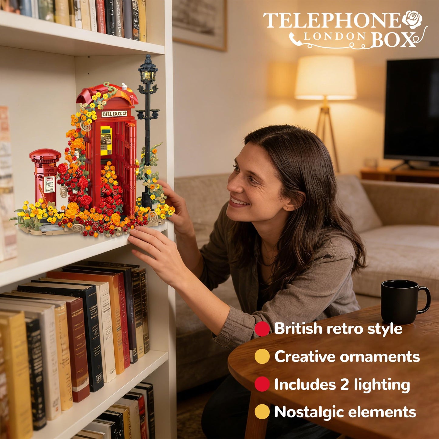 chanbrick Red London Telephone Box Building Set with Roses Flower for Adults Girls, Mailbox Phone Booth Retro Model Souvenir for Home or Office Decor - 1142PCS