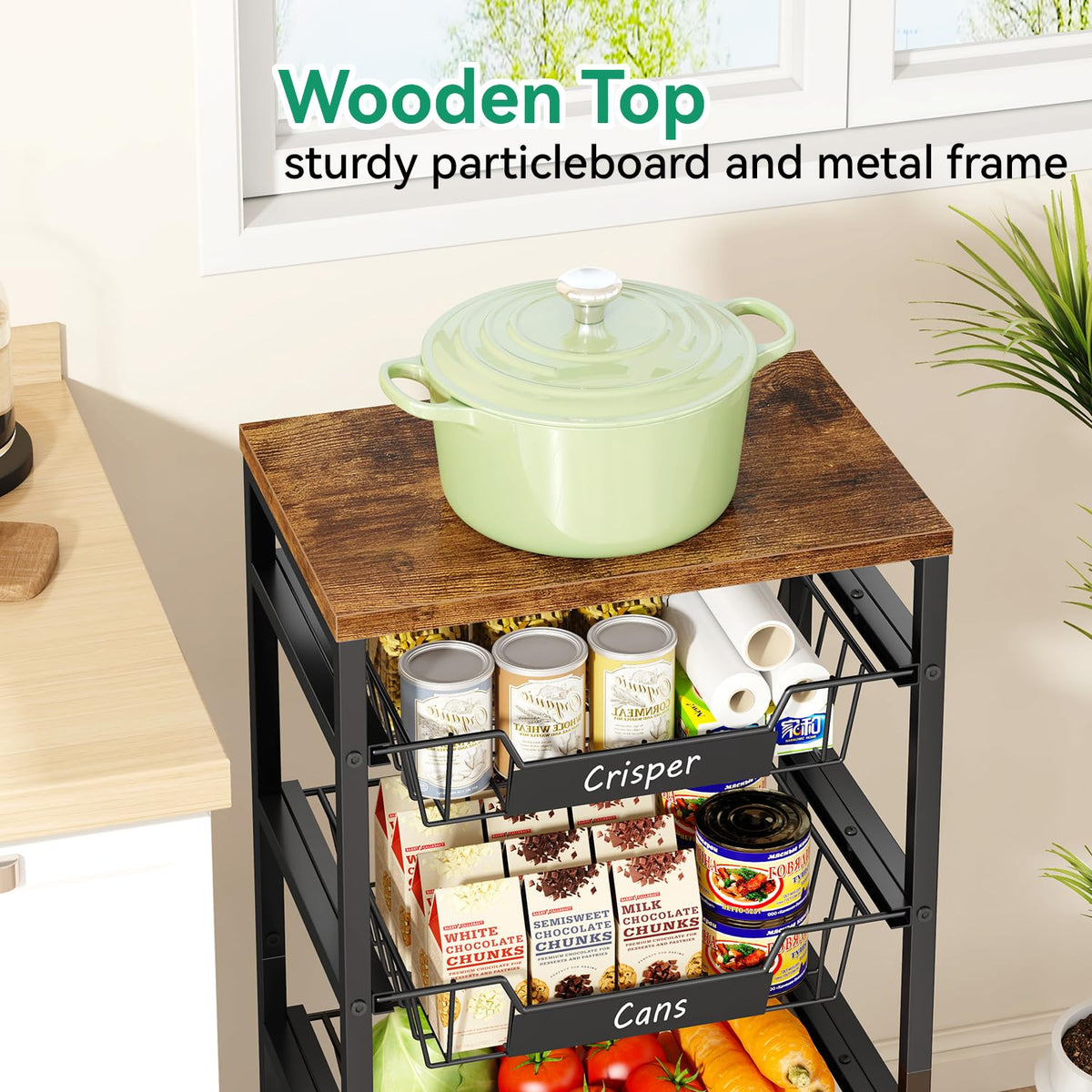 IBUYKE Kitchen Fruit Vegetable Storage Cart with Drawers,Metal Rolling Utility Cart with Fruit Basket and Wooden Top,Rolling Snack Kitchen Cart for Bedroom,Pantry,Office,Rustic Brown UTLJ026H