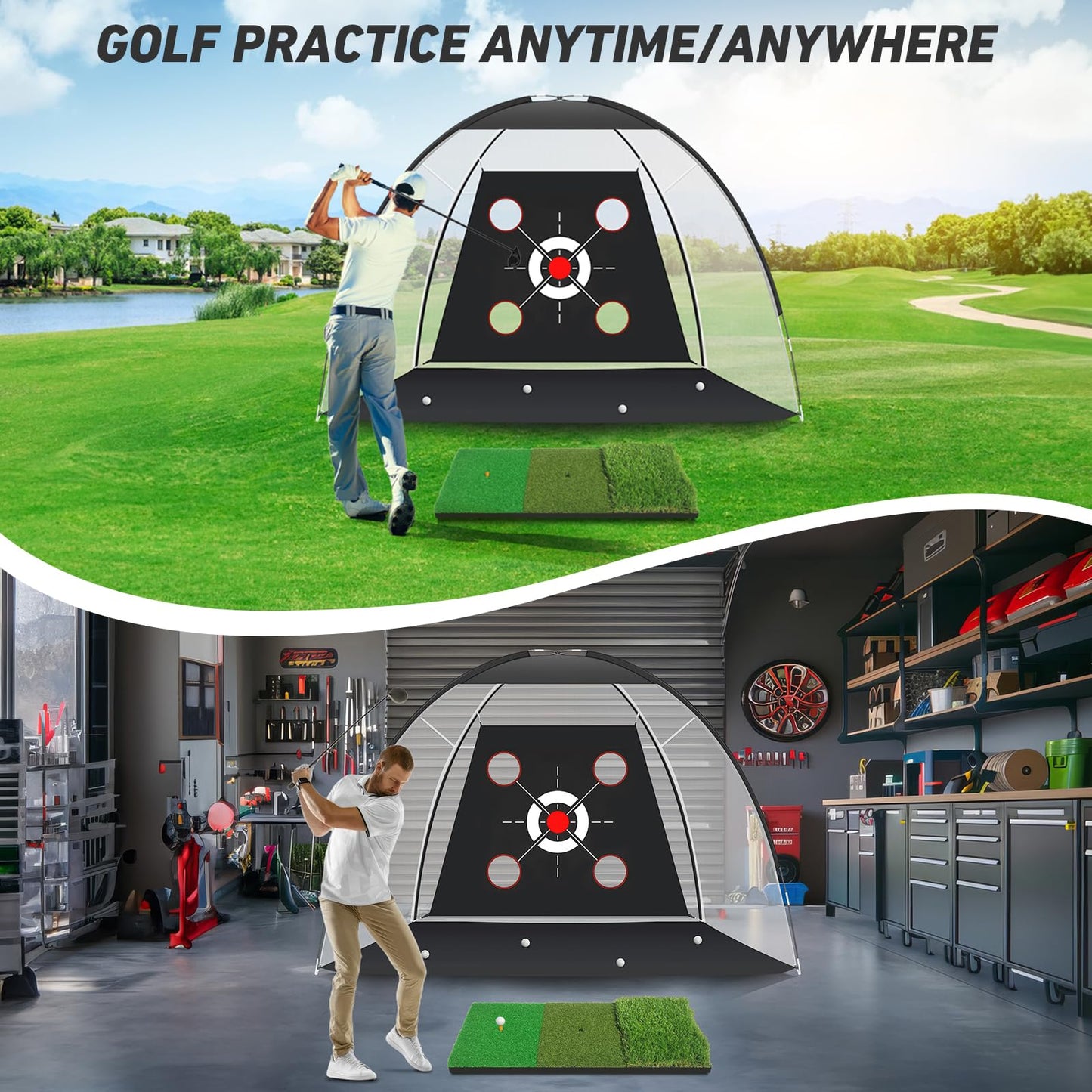 KLAODOT Golf Net with Practice Mat,Golf Hitting Aid Nets 10x7FT for Backyard Driving Chipping Training Swing with Target Mat Balls for Outdoor Indoor，Gifts for Men Dad Him and Golfer