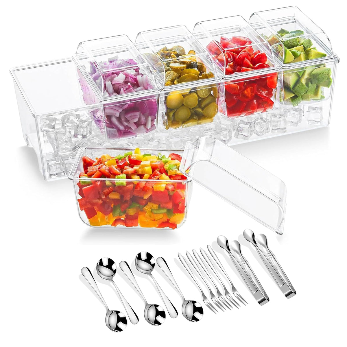 BLIVORRA 𝐋𝐚𝐫𝐠𝐞 Ice Chilled Condiment Containers with Lids with 5x 20oz (2.5 cup) Containers, Large Taco Bar Serving Set for a Party, Condiment Organizer with Removable Dishes│FREE ACCESSORIES│