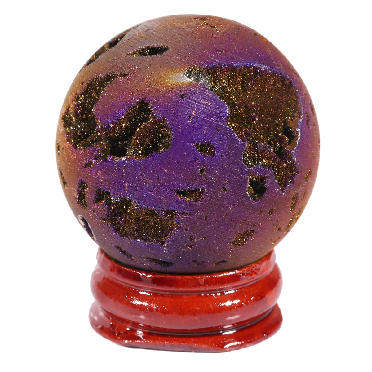 Cheungshing Angel Aura Quartz Druzy Geode Sphere with Wooden Base,Titanium Coated Crystal Quartz Agate Ball Healing Sculpture Statue for Easter Day, Gold-Purple