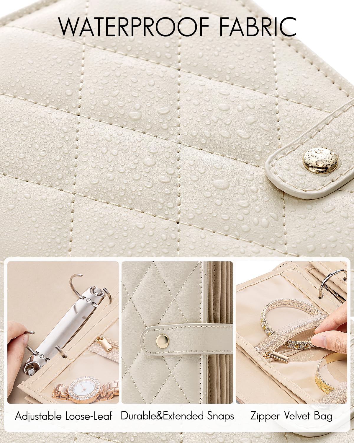 VLANDO Travel Jewelry Organizer Case,Large Jewelry Storage Book Ring Binder with Clear Zipper Velvet Jewelry Pouches Bags for Rings,Bracelet,Earrings-Cream White