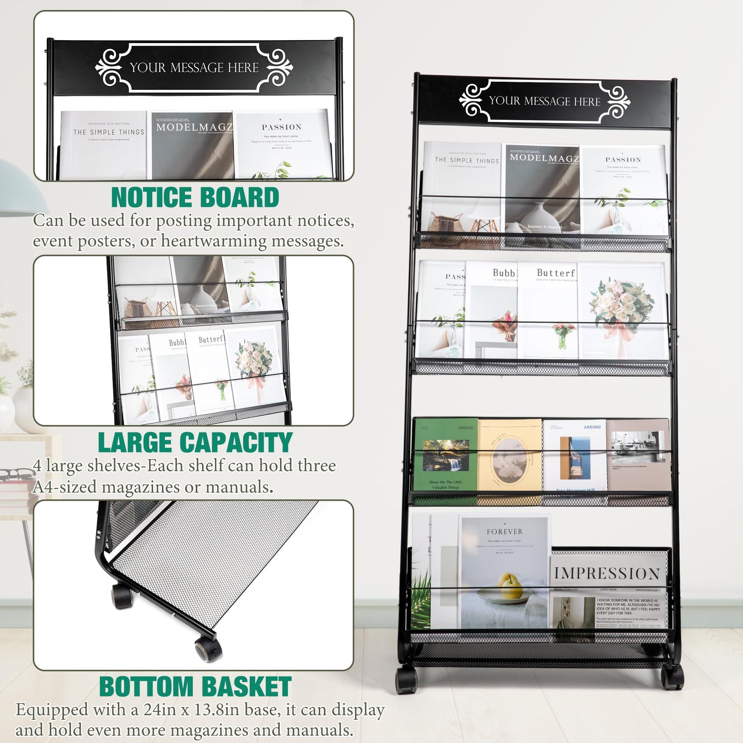 KIZECK Floor Magazine Rack Brochure Display Stand 4-Layer With Wheels And Top Billboard, Newspaper Magazine Holder High-Hardness For Office Exhibitions, Black (57.5''*25''*13.2'')