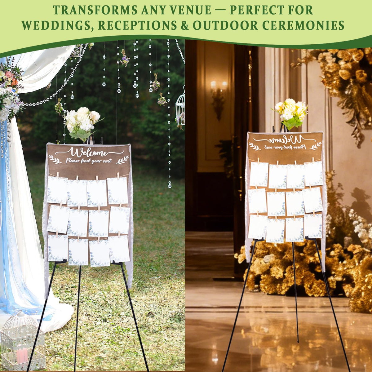 Wooden Wedding Seating Chart Board, Two Connectable Panels (23.7"×17"), 0.32" Thick, Foldable Design with Metal Stand, White Lace Ribbon, Floral Décor, and 20 Cards for Ceremony & Reception