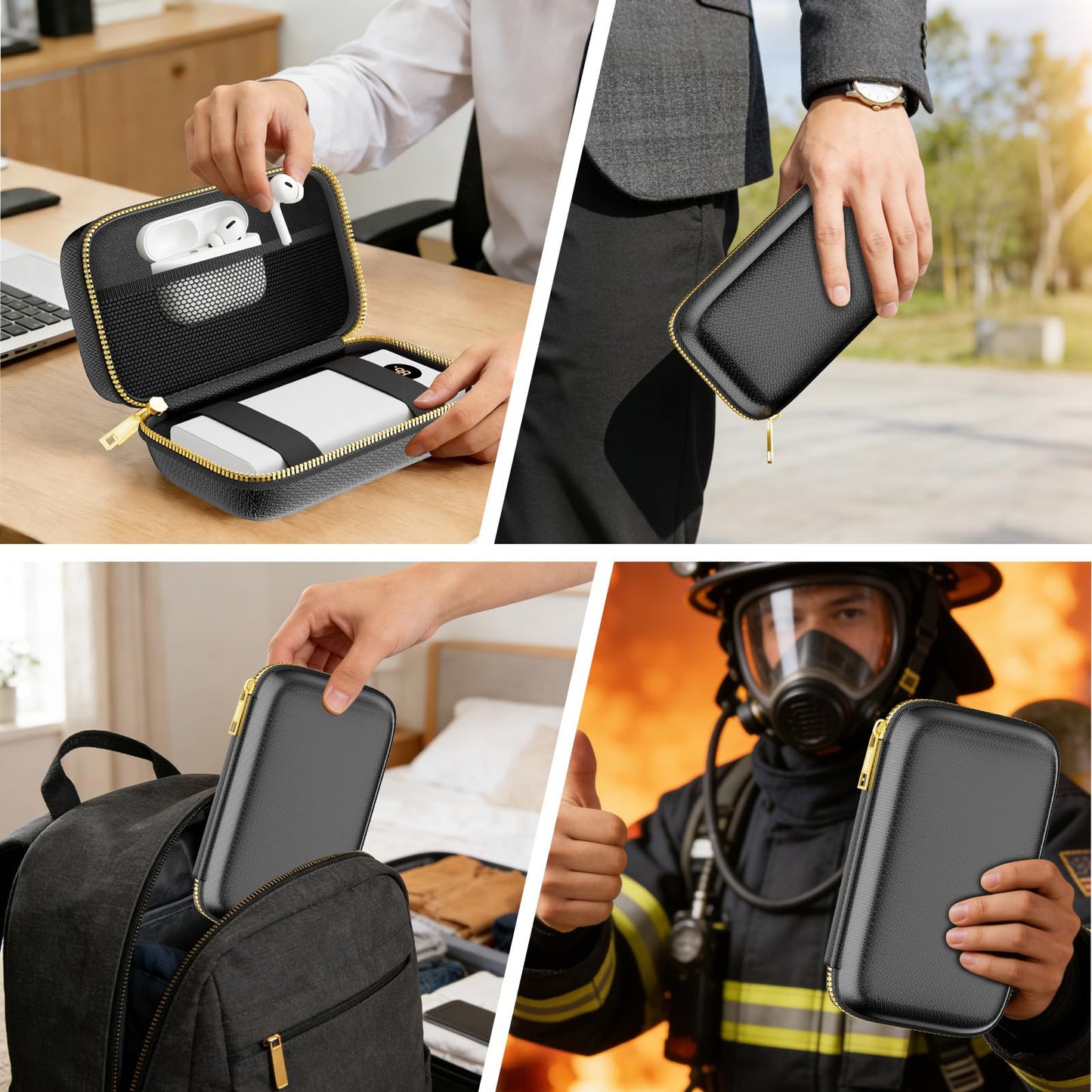 Electronics Travel Organizer with Fireproof Zipper, Hard Case Explosion-Proof Cables Carry Box Compatible with Hard Drive, Fireproof Portable Safe Storage for Power Bank, Phone, Charger, Cord, Black