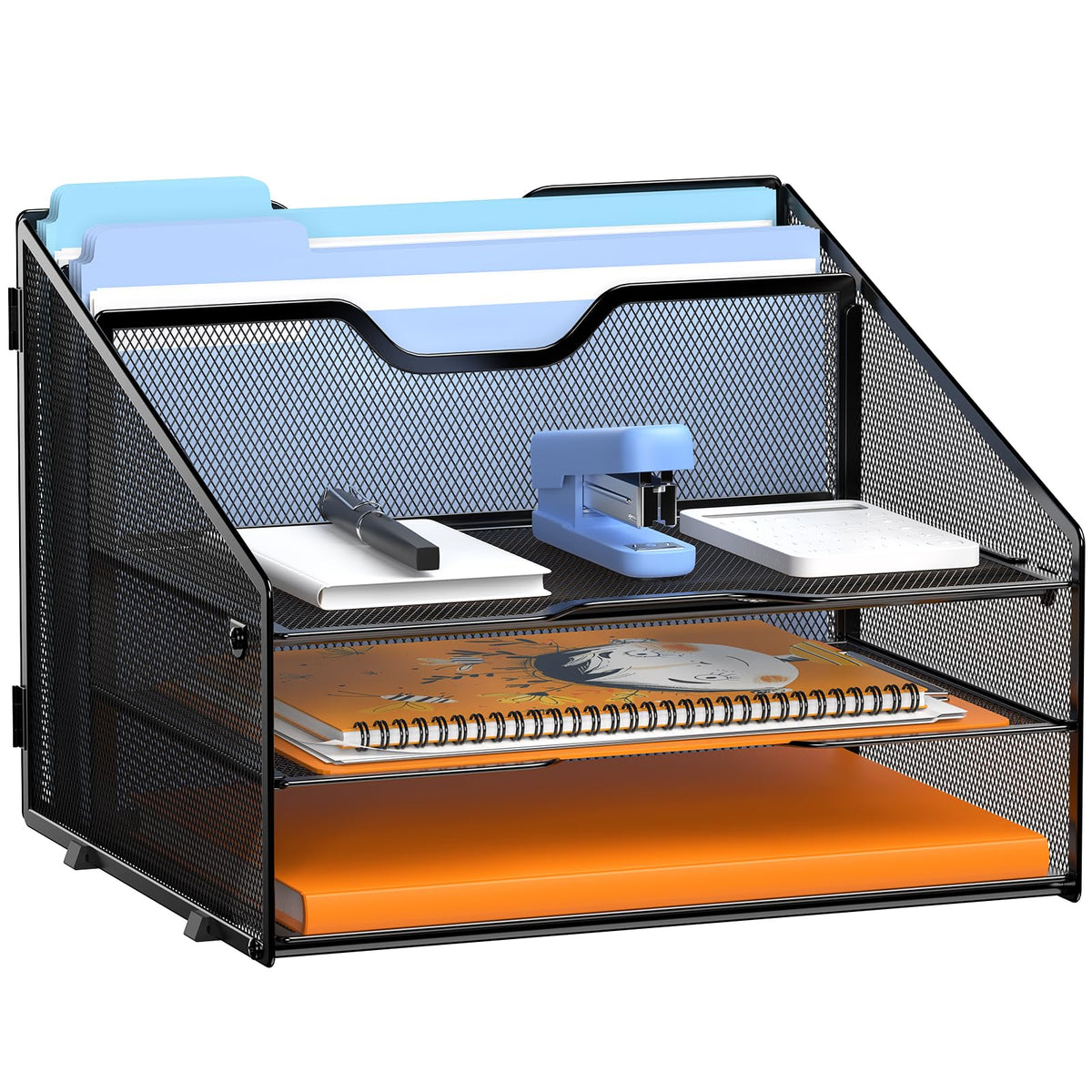 GAWERK Letter Tray Organizer, Mesh Desk File Organizer with 3 Paper Trays and 2 Vertical Upright Section, Blank