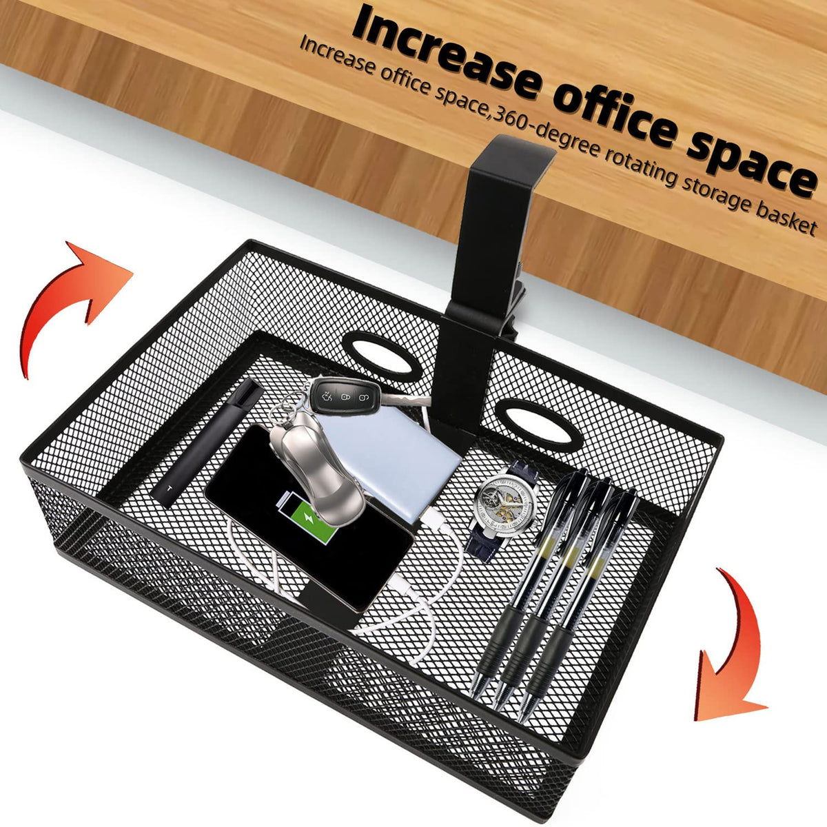 RHBLME Black Under Desk Drawer Storage - 360-Degree Rotating Desk Organizer Clamp-on Swivel Pencil Drawer Shelf for Office Tables