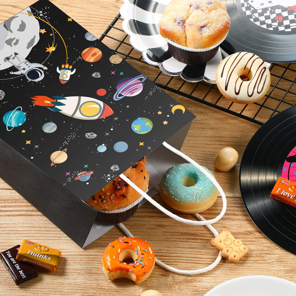 Outus 24 Pcs Outer Space Gift Bags Paper Space Treat Bags with Handles Planet Galaxy Party Favor for Birthday Galaxy Theme Party Supplies