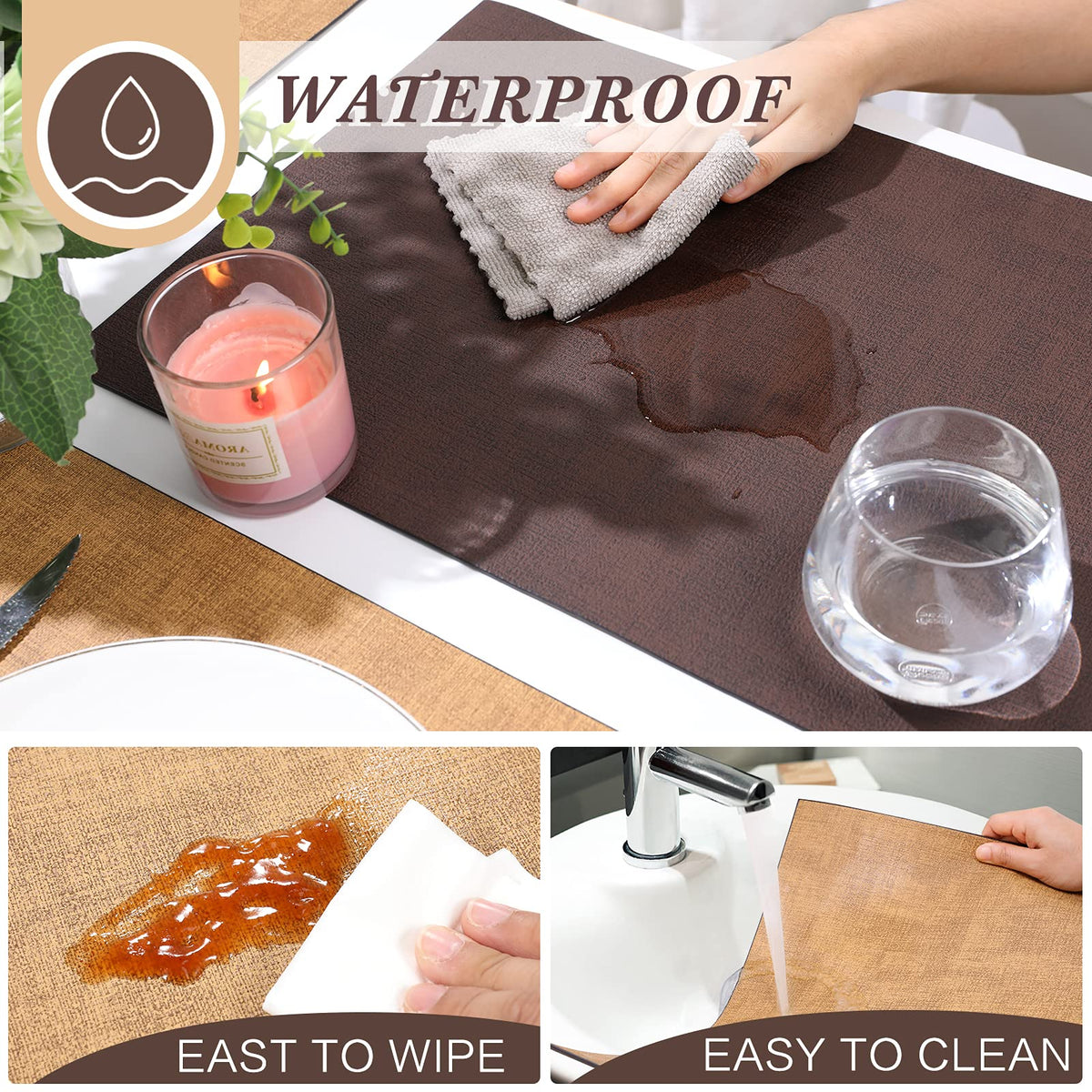 SUEH DESIGN Leather Placemats Set of 6 Reversible Table Mats Heat Resistant Waterproof No-Slip Place Mats for Dining Table Kitchen Parties
