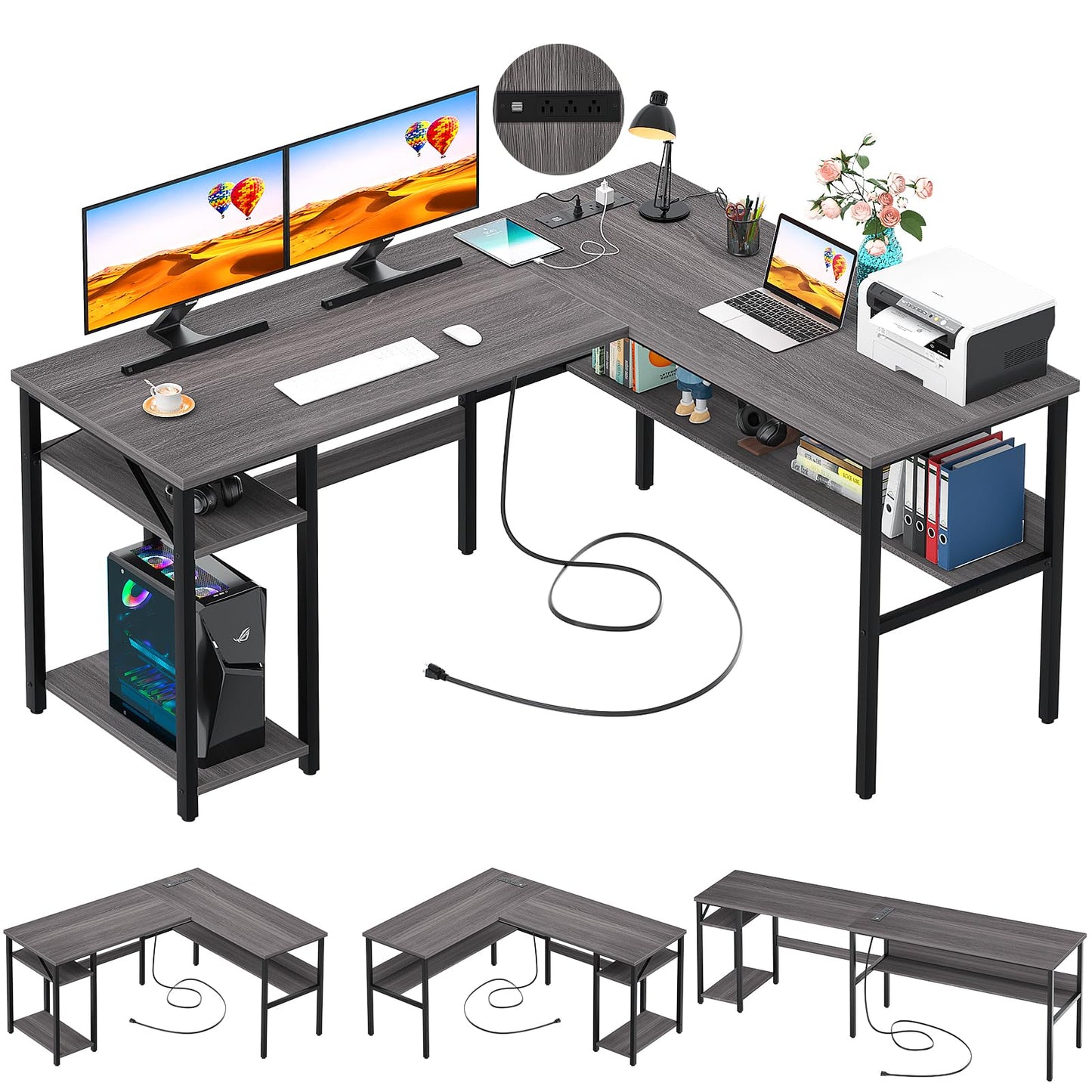 Unikito Reversible L Shaped Desk with Magic Power Outlets and USB Charging Ports, Sturdy Corner Computer Desk with Storage Shelves, Gaming Table Home Office Desk, Easy to Assemble, Enoch Walnut