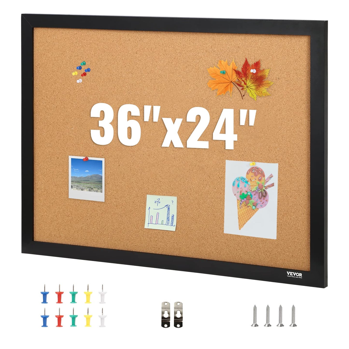 VEVOR 24 x 36 Cork Board, Large Bulletin Board with Black MDF Frame, Wall Mounted Pin Board for Office, School and Home Decor, Hanging Message Board for Pictures and Notes, 10 Push Pins Included