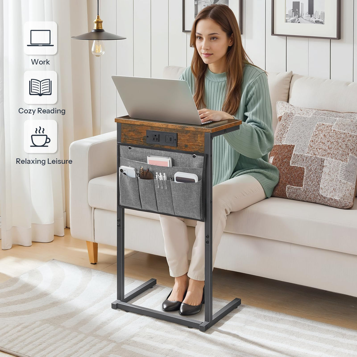 HOOBRO C Shaped End Table with Charging Station, 28" H Couch Side Table Slide Under, Sofa Arm Tray Table with Storage Bag for Living Room, Recliner, Rustic Brown BF70USF01