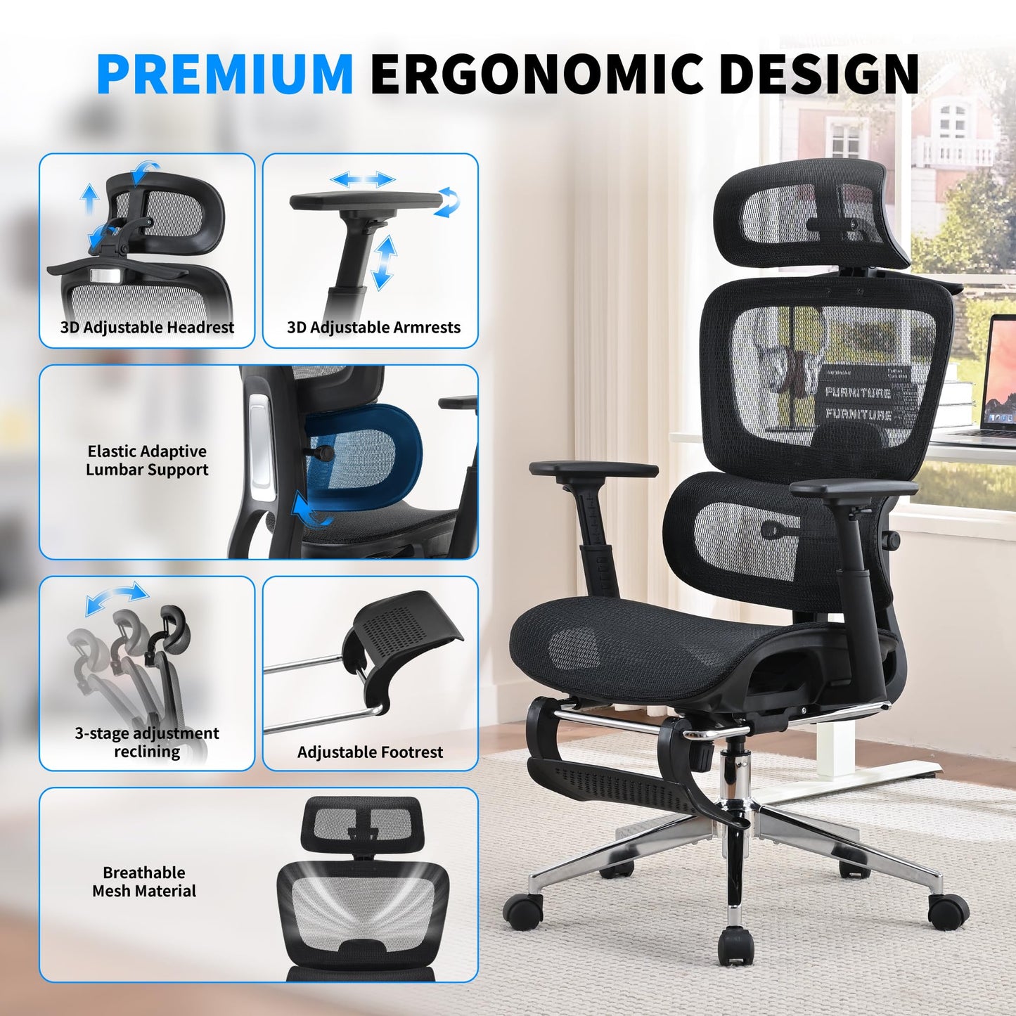hujusko Mesh Ergonomic Office Chair with Footrest,High Back Mesh Gaming Chair with Lumbar Support,Adjustable Headrest and Armrests for Home Office Desk Chair (Modern, Black)