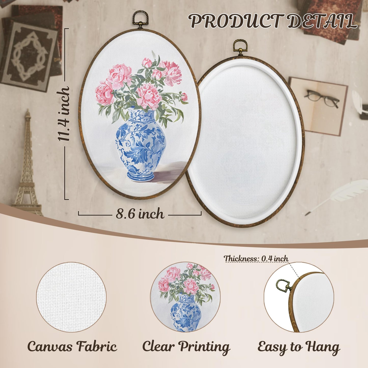 LKETW Chinoiserie Floral Oval Wall Art Decor, Blue and White Chinoiserie Porcelain Pink Flower Oval Canvas Hanging Decor, Grand Millenial Wall Decorations for Home Bedroom Office, 8.6x11.4 Inch