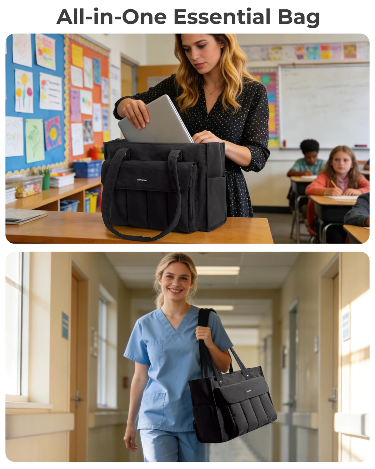 Trahzia Teacher Tote Bag with Lunch Compartment and Accordion Organizer, Insulated Work Lunch Bag Fits for 15.6” Laptop for Women, Black