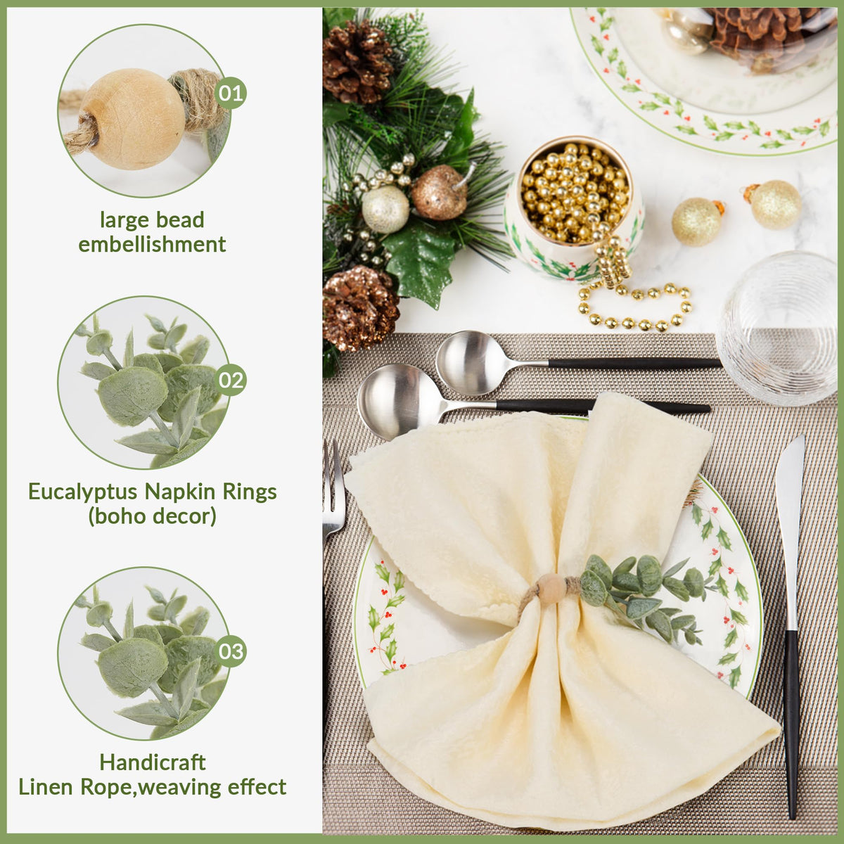 Defined Deco Napkin Rings - Set of 100, Rustic Farmhouse Boho Green Leaf Wooden Napkin Rings for Spring Summer, Thanksgiving Christmas, Wedding Table Decor