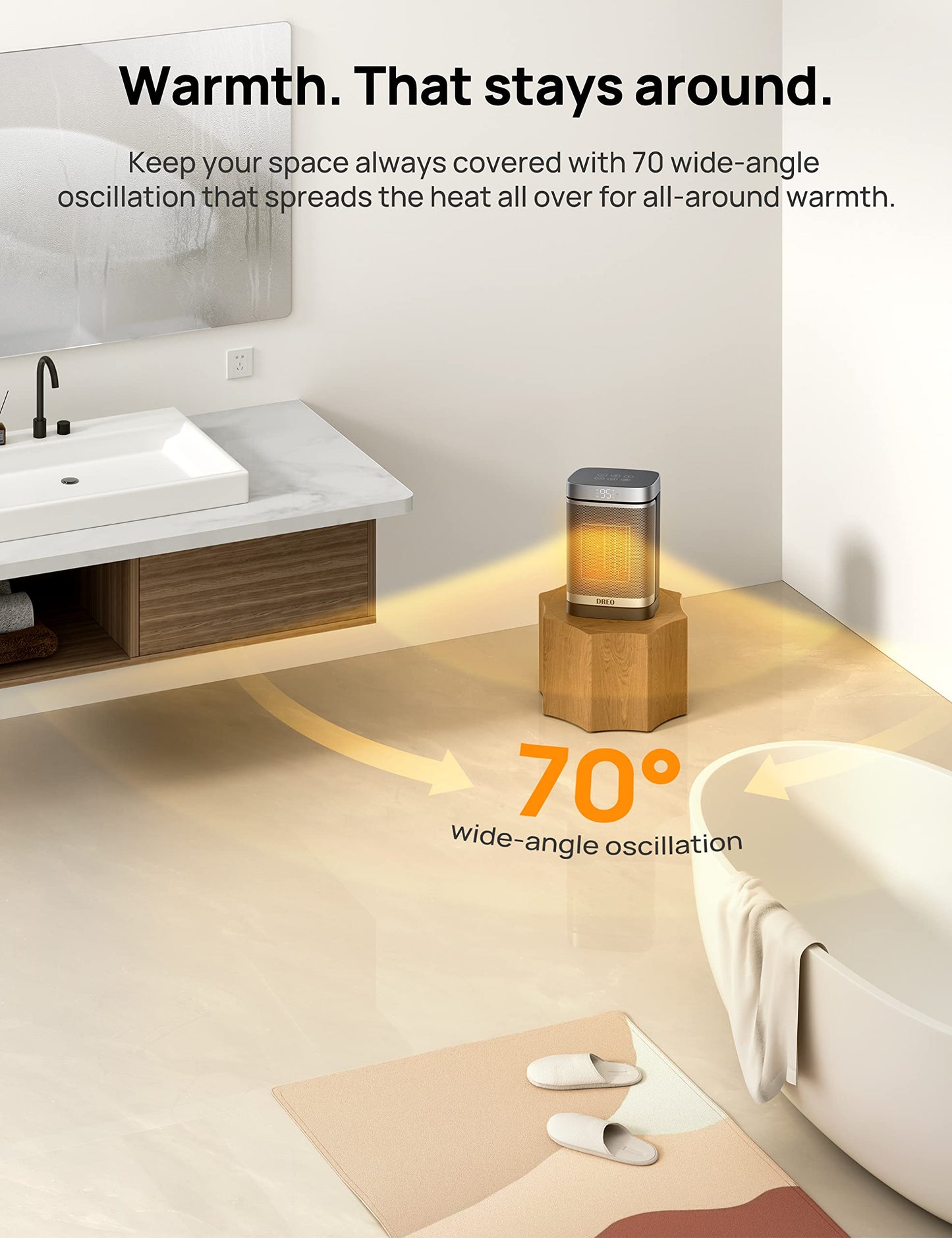 DREO Space Heater for Bathroom and Indoor, Portable Heater, 1500W Safe and Quiet PTC Ceramic Heater, 41-95°F Digital Thermostat, 70°Oscillating, Remote, ALCI Safety Plug, 12h Timer, 5 Modes