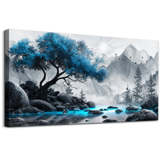Lapremoly Black And White Wall Painting Canvas Art For Living Room, Office, Bedroom - Blue Tree Landscape Pictures - Hotel Artwork Posters - Family Home Wall Decoration