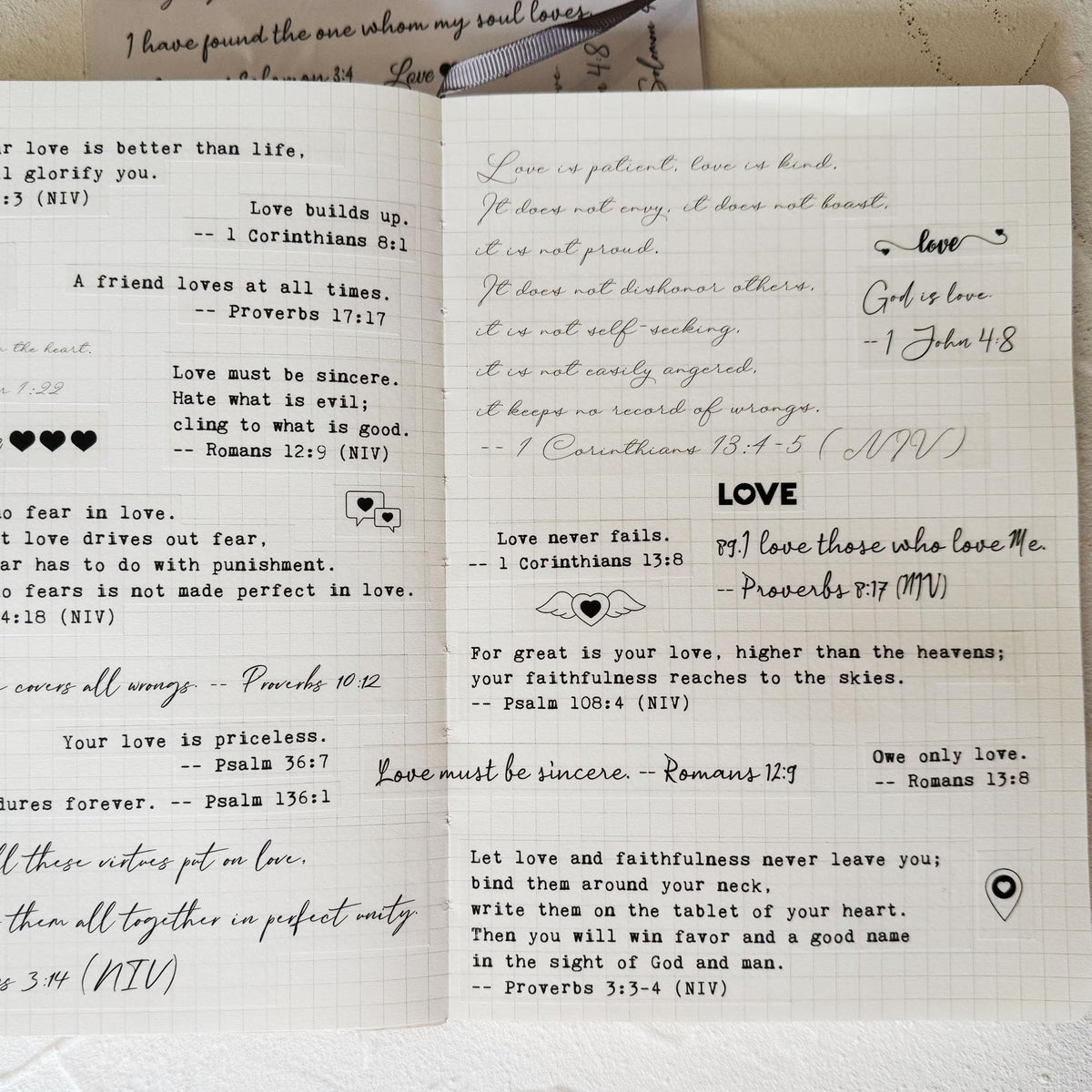 Esland Bible Verses Planner Stickers – 4 Sheets of Love Quotes, Retro Typewriter & Hand Lettering Styles, Inspirational Christian Stickers for Journaling, Scrapbooking, Bible Study, and Crafts