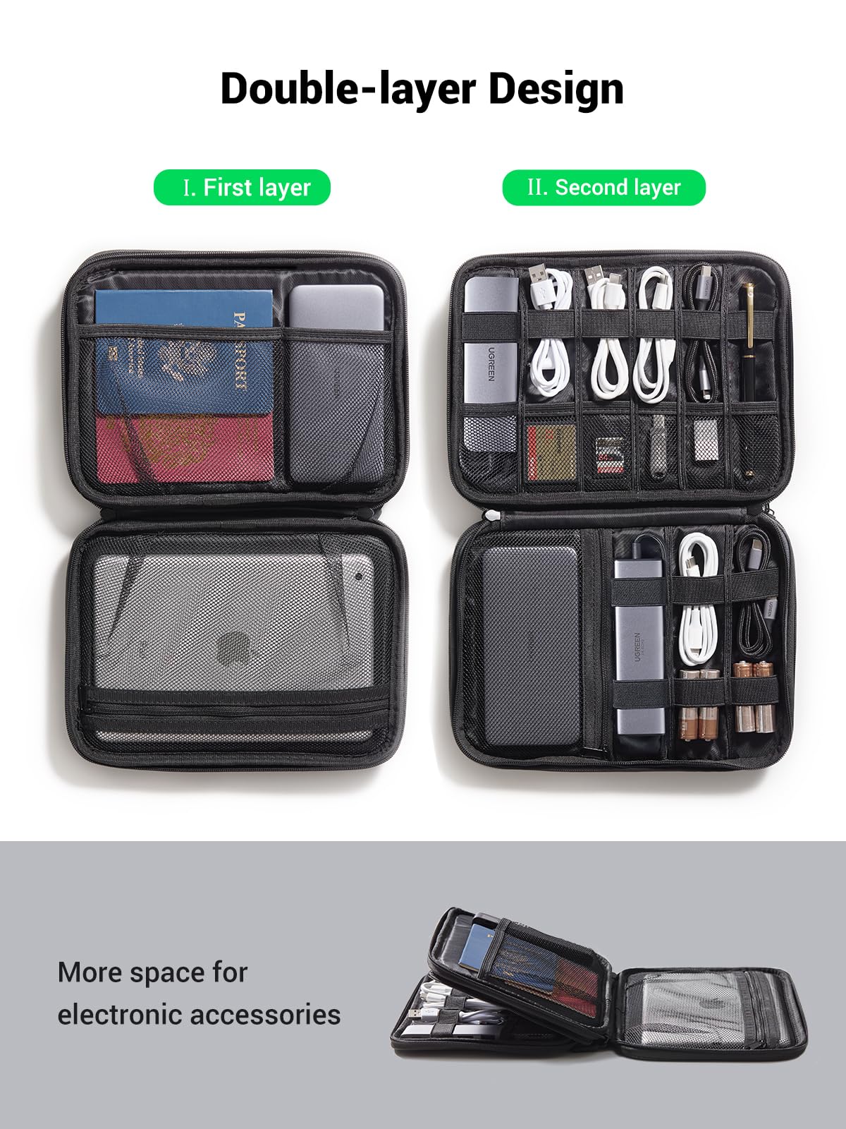 UGREEN Electronic Organizer Travel Cable Organizer Storage Bag for Data Cables, USB C Charger, SD Card, Hard Drive, Charging Cord, Mouse, Power Bank, Phone, Power Adapter Plug Electronics Accessories