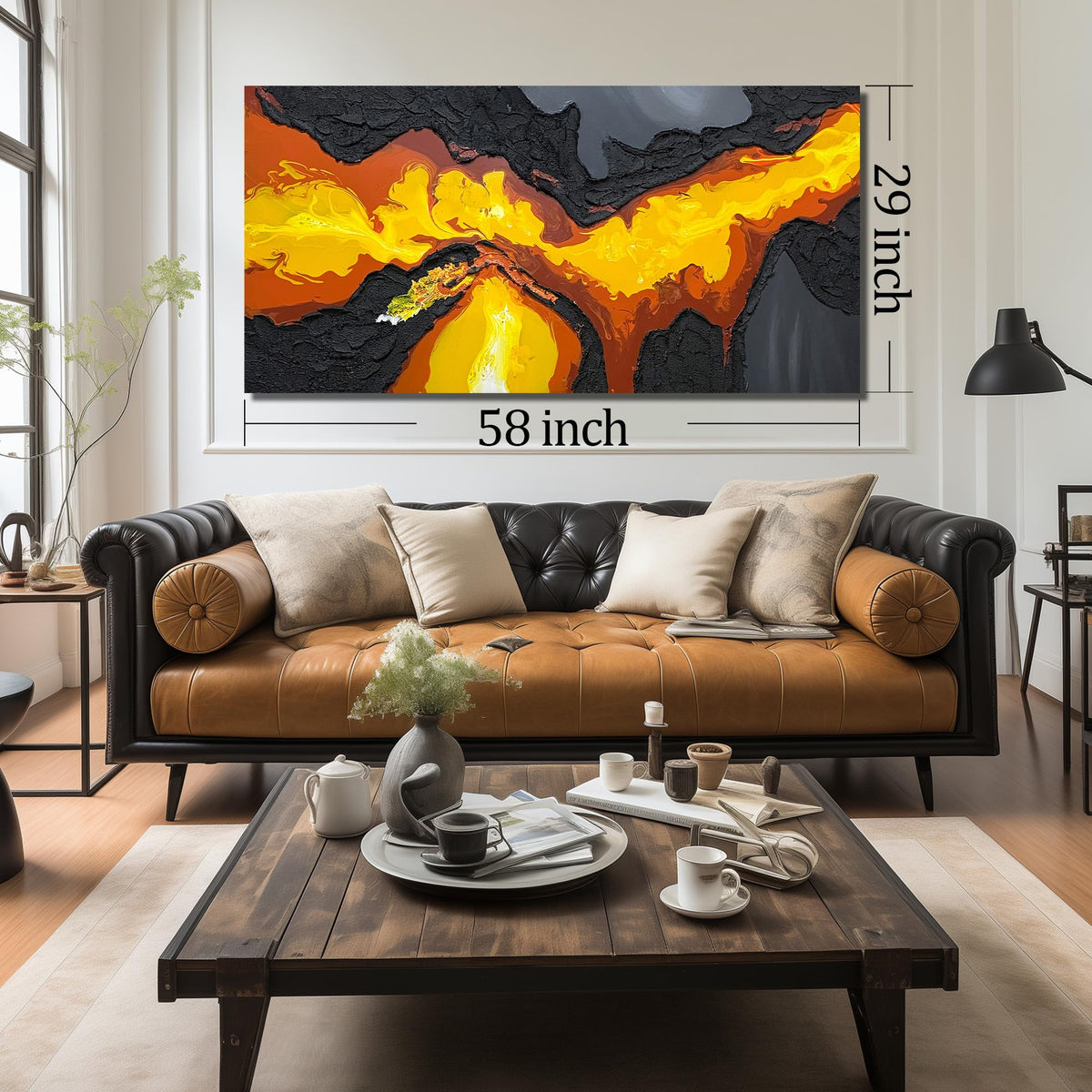 Abstract Lava Flow Canvas Wall Art for Living Room, Black and Gold Yellow Wall-Decor for Bedroom, Modern Textured Volcanic Landscape Paintings for Hallway Office, Size 58x29 Inches Hand Painted
