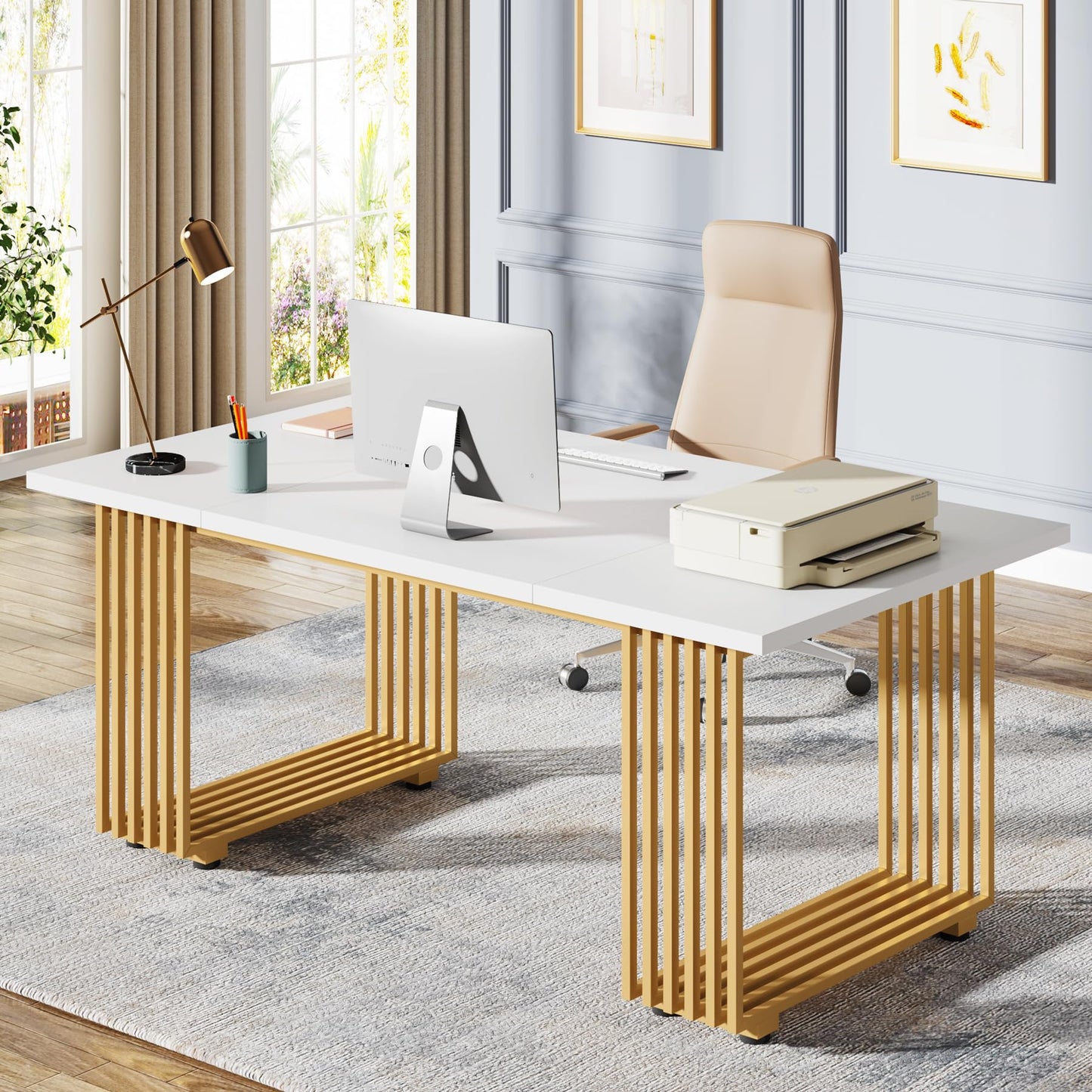 Tribesigns 70.9" Modern Office Desk, Wooden Computer Desk, White Executive Desk with Gold Metal Legs, Large Workstation for Home Office, Study Writing Desk, Small Conference Table for Meeting Room