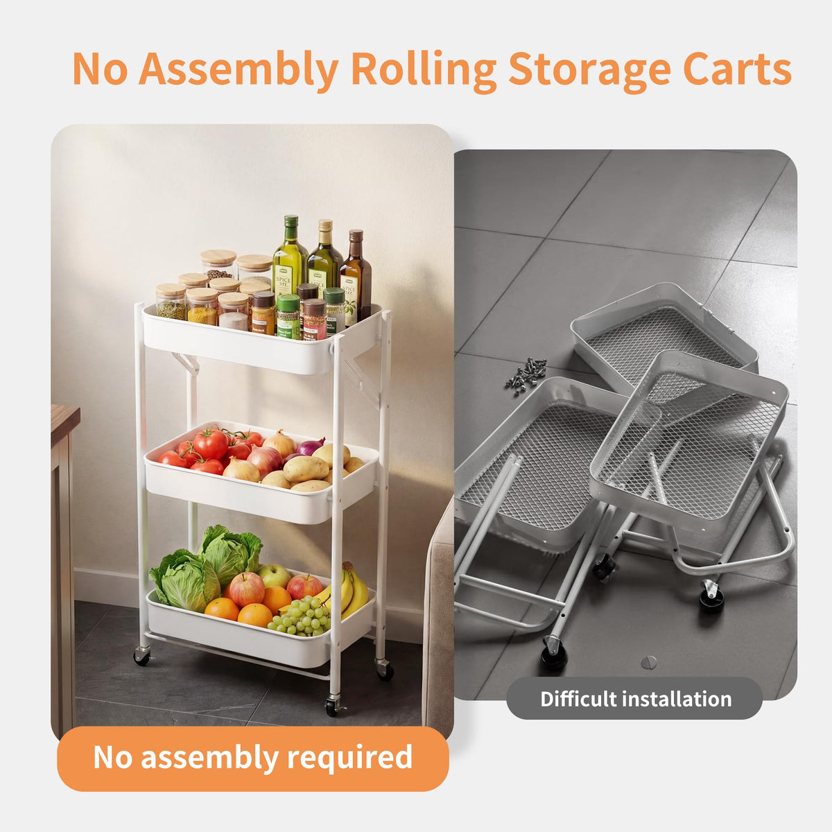 JAQ No Assembly Required Rolling Cart, 3-Tier Foldable Utility Cart for Under Desk, 26.8" Height Metal Storage Cart with Wheels, 10" Narrow Small Space Organizer for Office, Kitchen, White