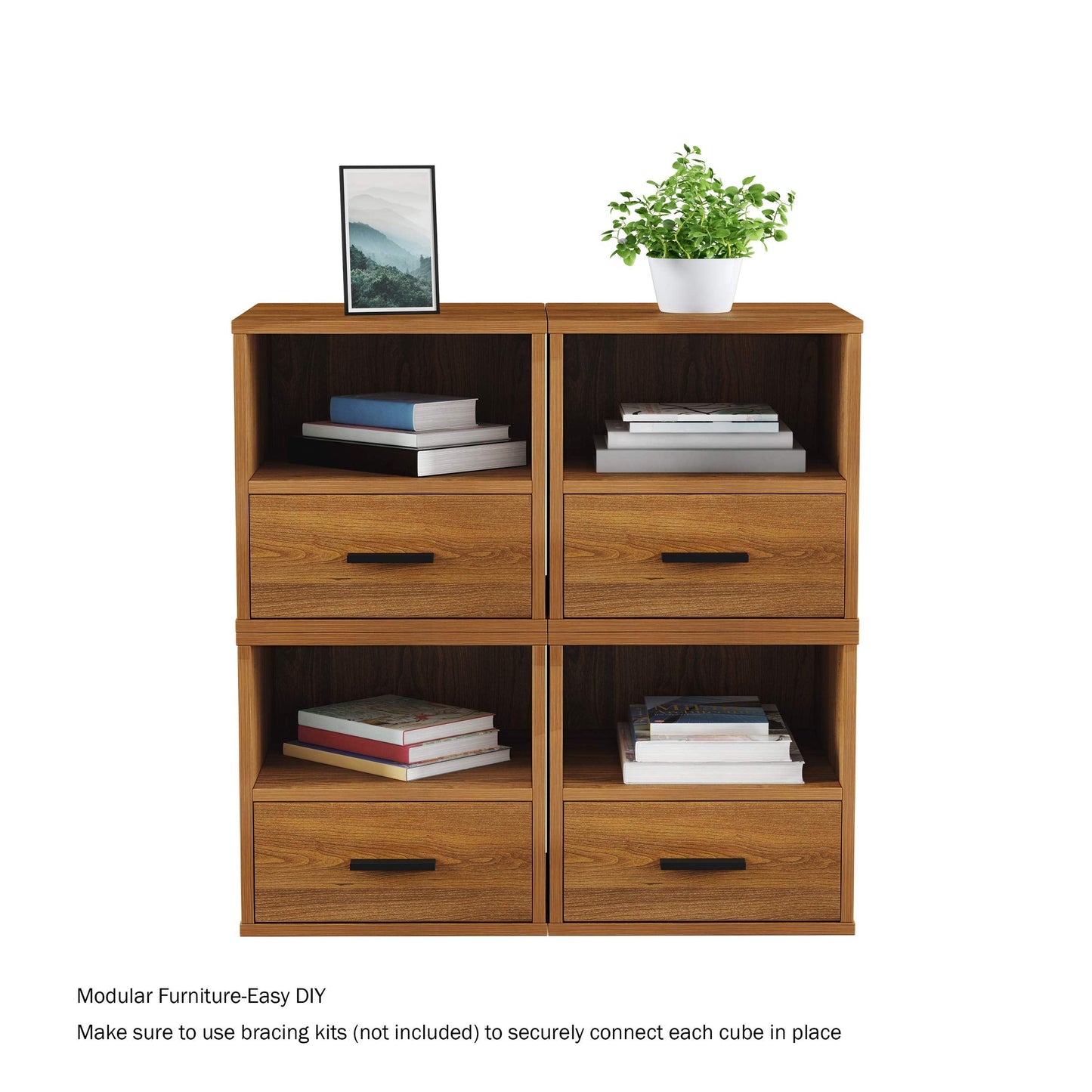 Lavish Home Side Table with Storage - Set of 2 Minimalist Modern Nightstand or End Table with Drawer - Stackable Modular Accent Furniture for Bedroom, Living Room, or Office (Brown Woodgrain)