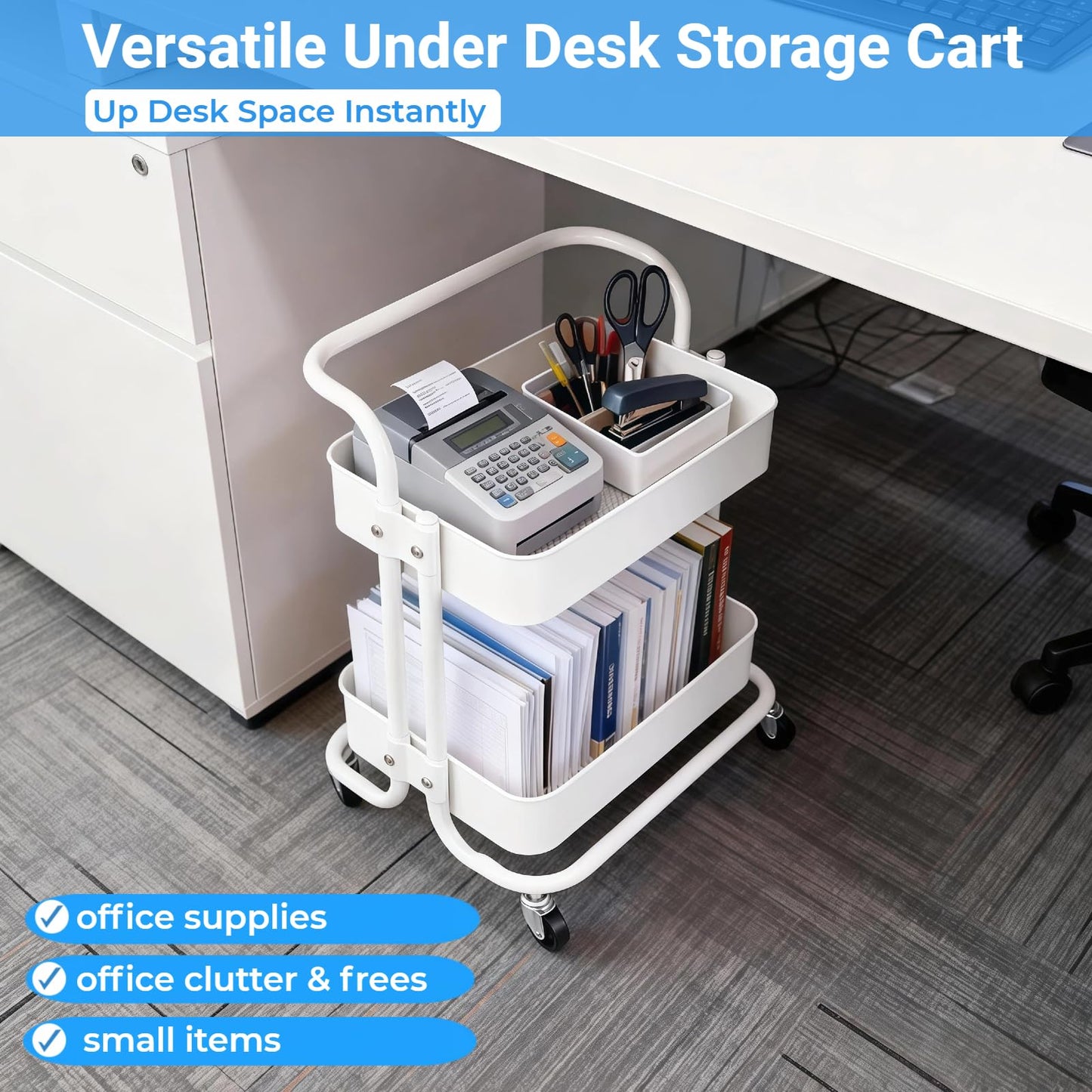 Ufriandz 2 Tier Cart with Wheels Under Desk Storage with Handle, Metal Rolling Pantry Cart for Kitchen White Small Rolling Basket for Laundry Room Bathroom, Utility Shelf Organizer for Small Space