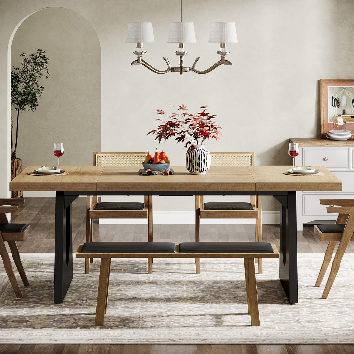 Tribesigns Large Dining Table for 6-8 People, 70.9-Inch Wood Rustic Rectangular Table with Black Wooden Legs, Farmhouse Center Kitchen Table for Dining Room, Living Room, Home Furniture, Oak and Black