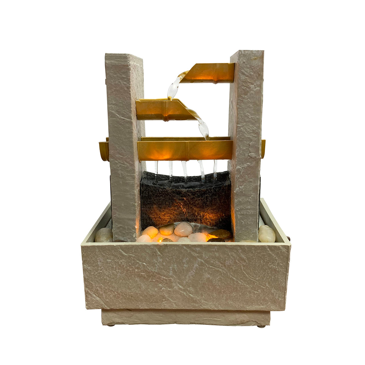 Nature's Mark 8" H Cascading Bamboo Tabletop Water Fountain with Natural River Rocks and LED Lights (Power Cord Attached)
