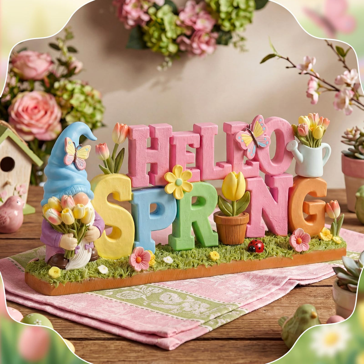 Simgoing 1 Pack Hello Spring Table Decoration Resin Spring Gnome Decorations for Home Pastel Flower Table Sign Festive Floral Statue Tabletop Centerpiece for House Tabletop Tiered Tray Fireplace Decor