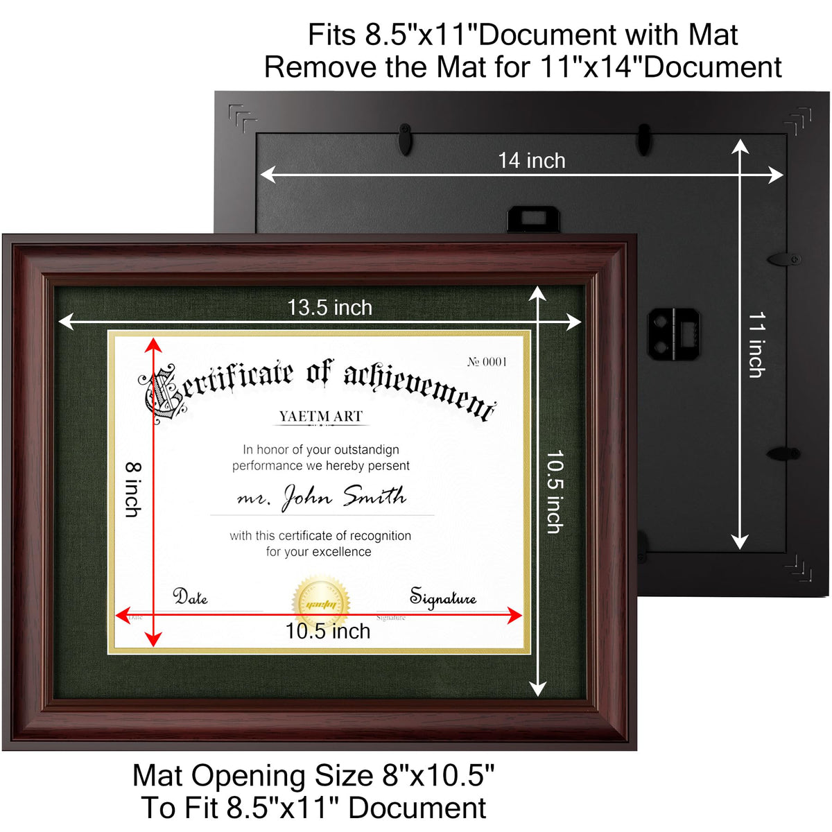 Yaetm 11x14 Diploma Frame, Certificate Frame with Tempered Glass, Display 8.5x11 Document with Dark Green Over Gold Acid-free Mat or 11 x 14 without Mat, Wide Molding (Single, Mahogany/Green)