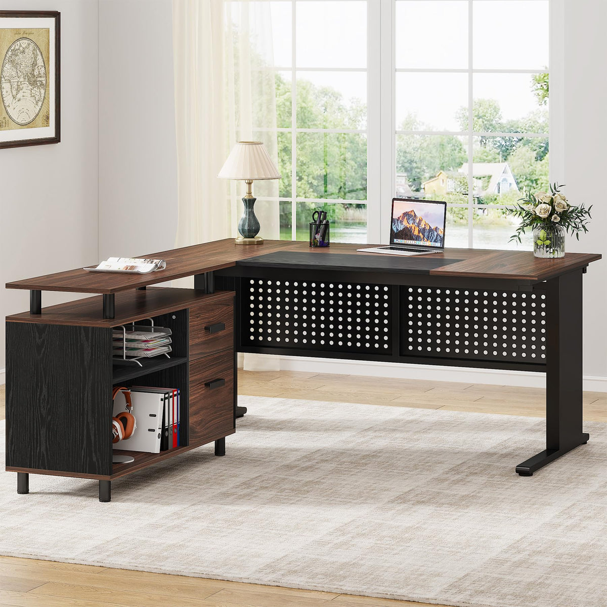 Tribesigns 63 Inch Executive Desk with File Cabinet, Large Office Desk L Shaped Computer Desk with Drawers and Storage Shelves, Business Furniture Desk for Home Office, Dark Walnut and Black