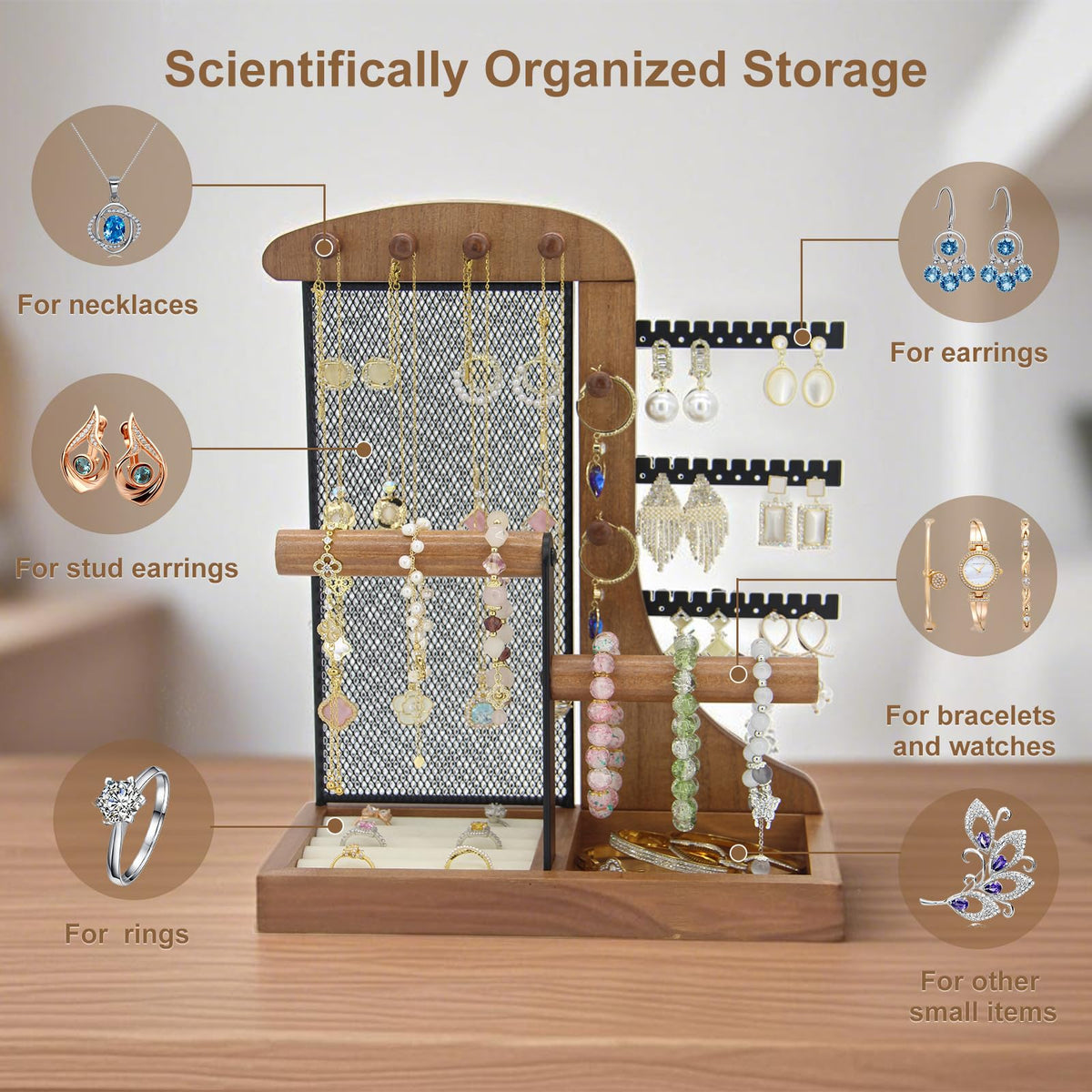 KOOAAICCHI Jewelry Organizer Stand Wooden Multi-Tier Jewelry Display Rack,Anti-tangle Necklace Holder,Jewelry Stand with Velvet Tray for Rings,Earrings and Bracelets (Brown)