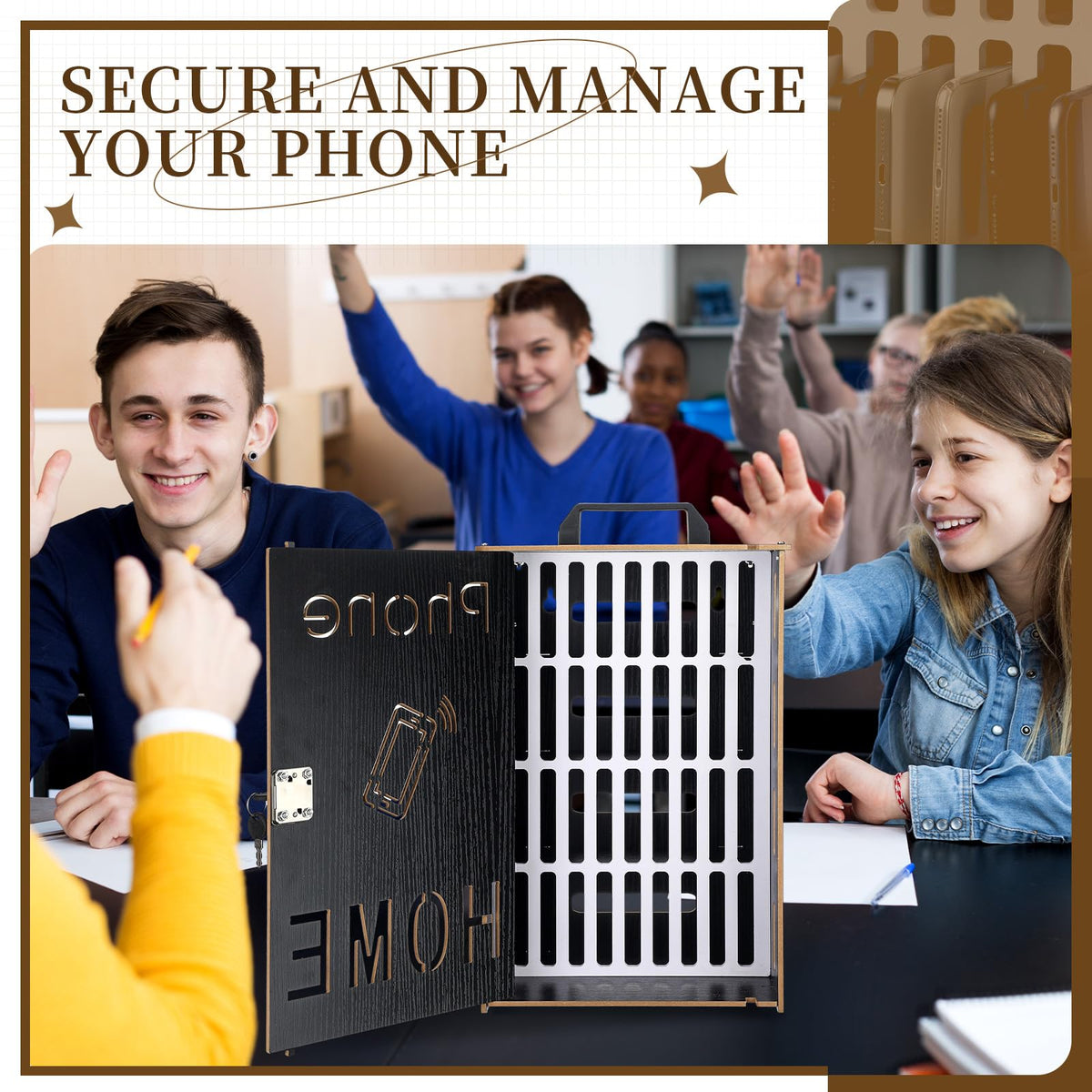 RattanView Mobile Holder Classroom 36 Slots Wooden Cell Phone Storage Cabinet Pocket Chart Phone Jail Cell Phone with Handle and Security Lock for Classroom Office and Office Meeting (Black Color)