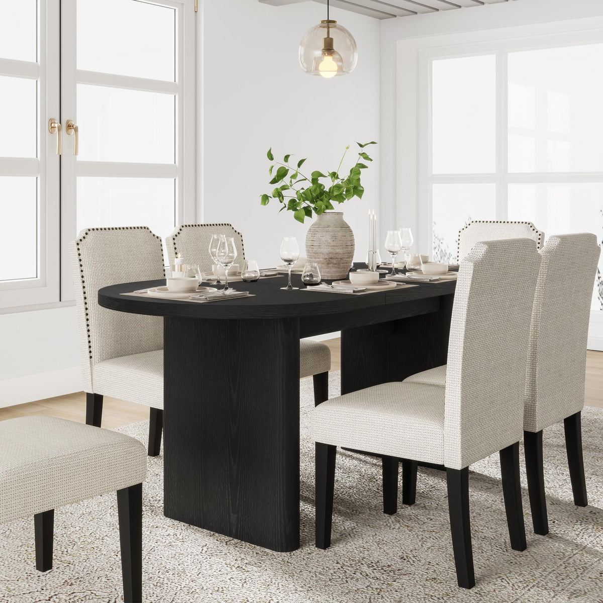 GarveeHome Oval Dining Table for 6-8 People, Long Large Kitchen Table with Thick Sturdy Wooden Base, Farmhouse Dining Room Table for for Kitchen, Living Room, Office (63" Long,Black)