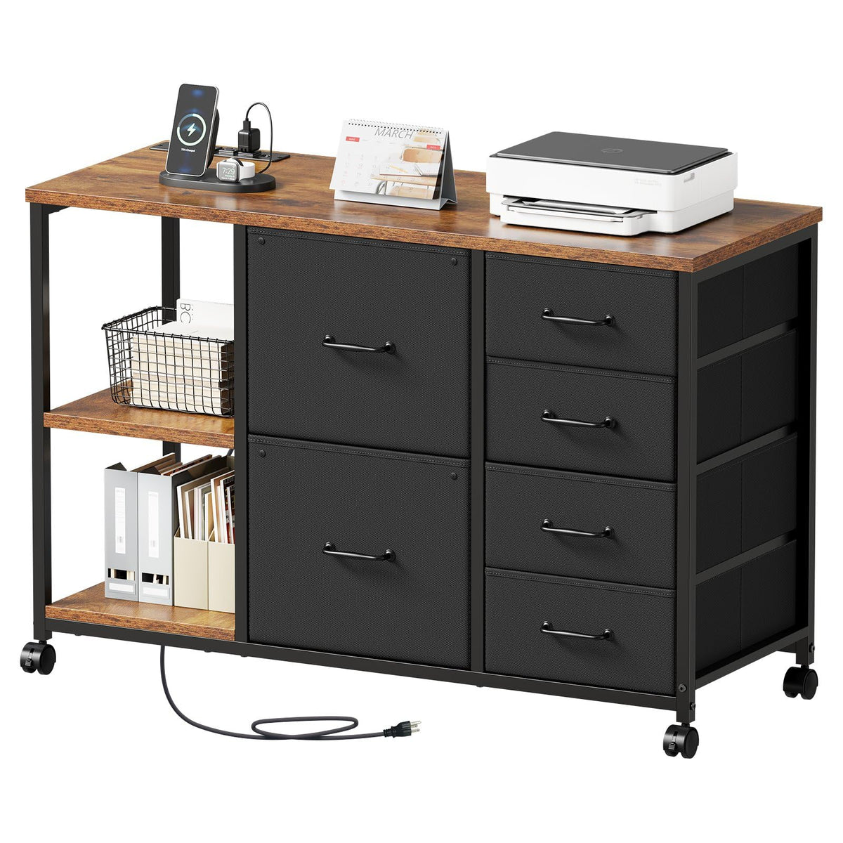 Maihail 6 Drawer File Cabinet with Charging Station Rolling Printer Stand with Open Storage Shelf Fabric Lateral Filing Cabinet for Home Office,Rustic Brown