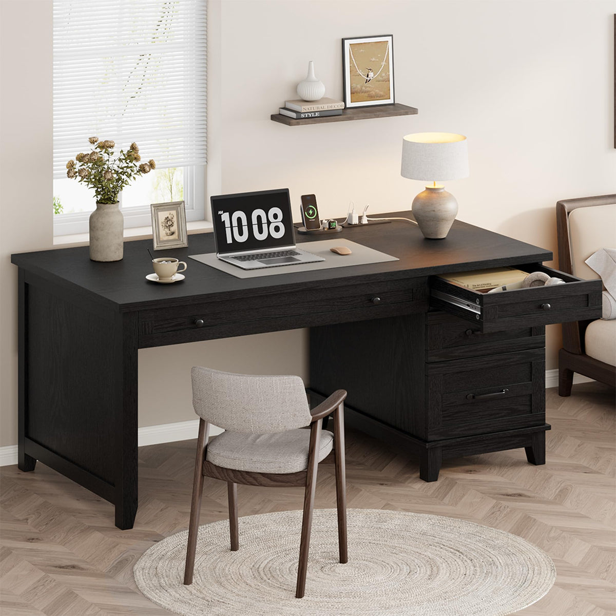 Garvee 53.5" Wooden Home Office Desk with File Drawers, Executive Desk with Power Outlet, Farmhouse Wood Desk with Storage, Distressed Study and Work Table, Rustic Black