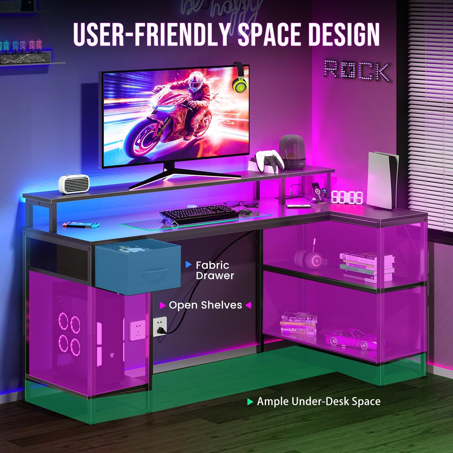 DUMOS 47” Gaming Desk with USB Charging Ports & LED Lights, Reversible L Shaped Desks Computer Corner Gamer Table with Power Outlets Monitor Stand Storage Shelves for Home Office Small Space, Black