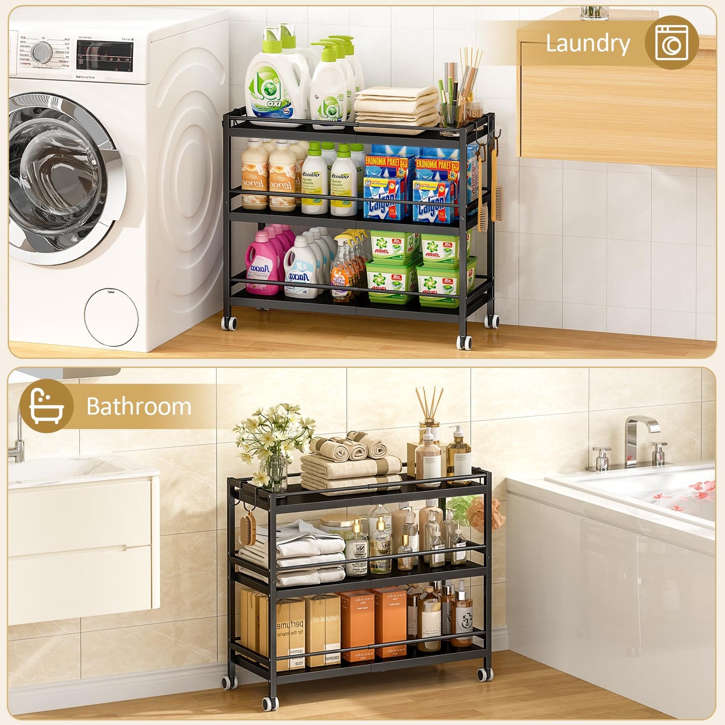 3-Tier Expandable Rolling Pantry Organizers and Storage Cart with Wheels, Adjustable Pantry Floor Organizer, Snack Cart for Pantry, Kitchen Storage Cart with 4 Hooks for Snack, Food, Vegetables