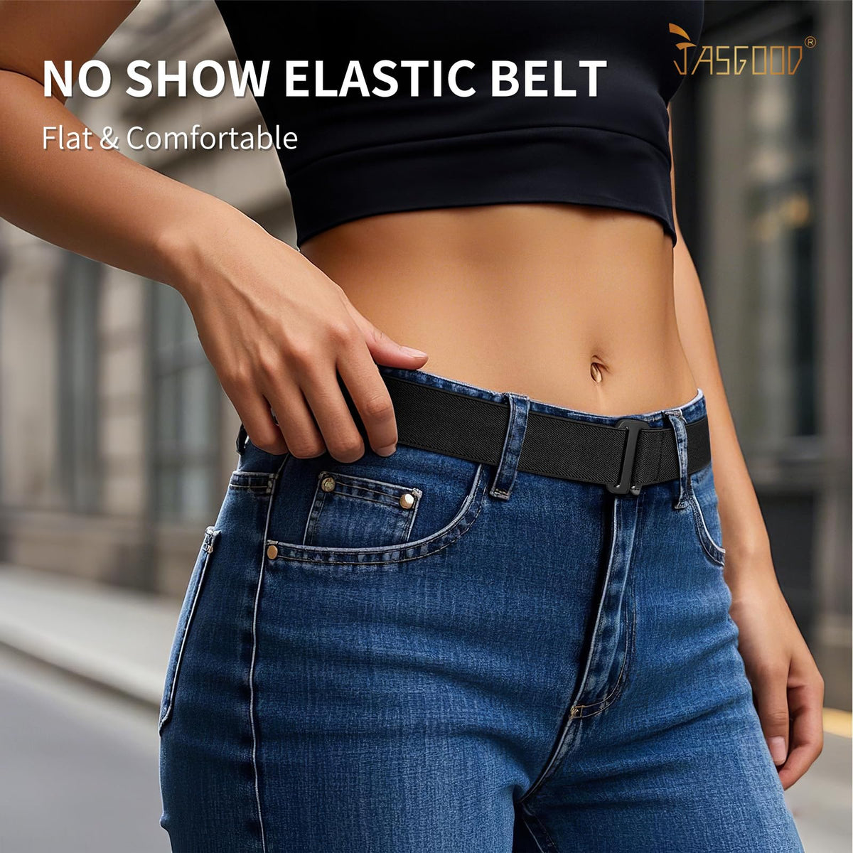 JASGOOD No Show Women Stretch Belt Invisible Elastic Web Strap Belt with Flat Buckle for Jeans Pants Dresses
