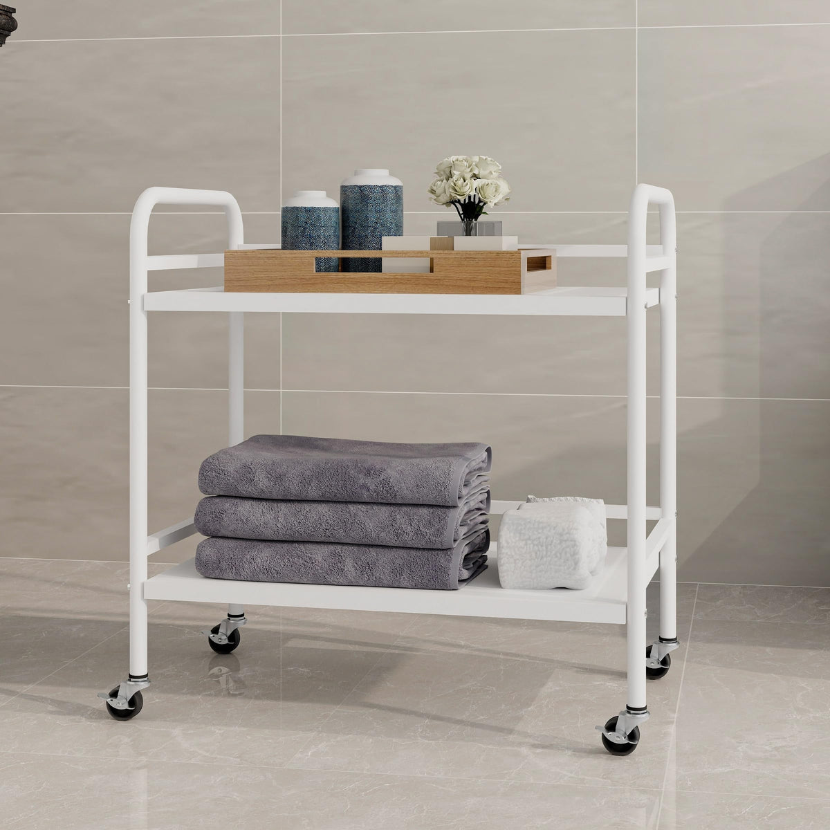 HDANI 2 Tier Under Desk Printer Stand with Storage,Microwave Storage Rack,Metal Rolling Printer Cart with Wheels for Home Office,Utility Storage Cart and Stand,White