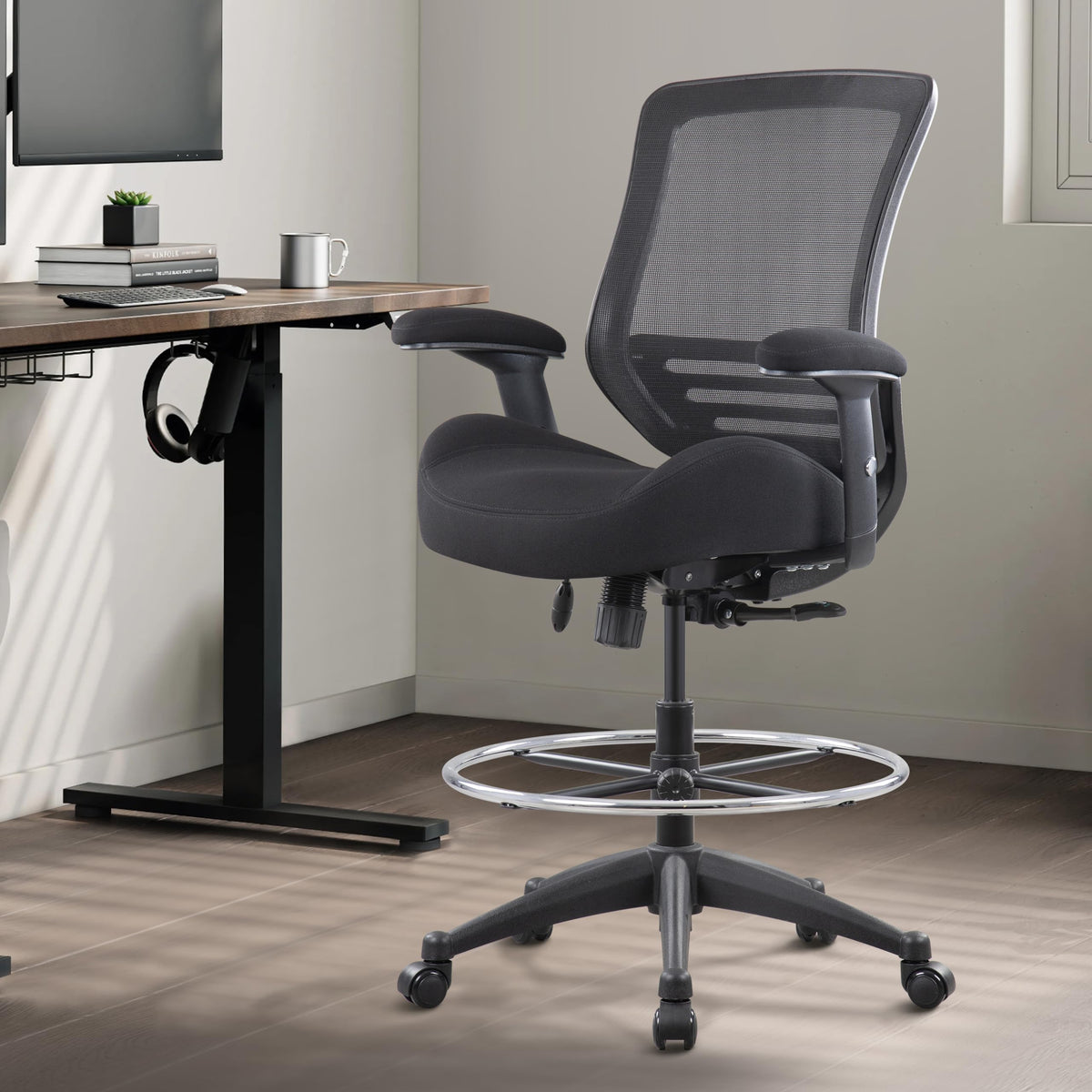 BOLISS 400lbs Mid Back Mesh Ergonomic Drafting Chair for Standing Desk Office Wide Chair Built-in Lumbar Support Big Adjustable Foot Ring Height Adjustable Armrest (Black)