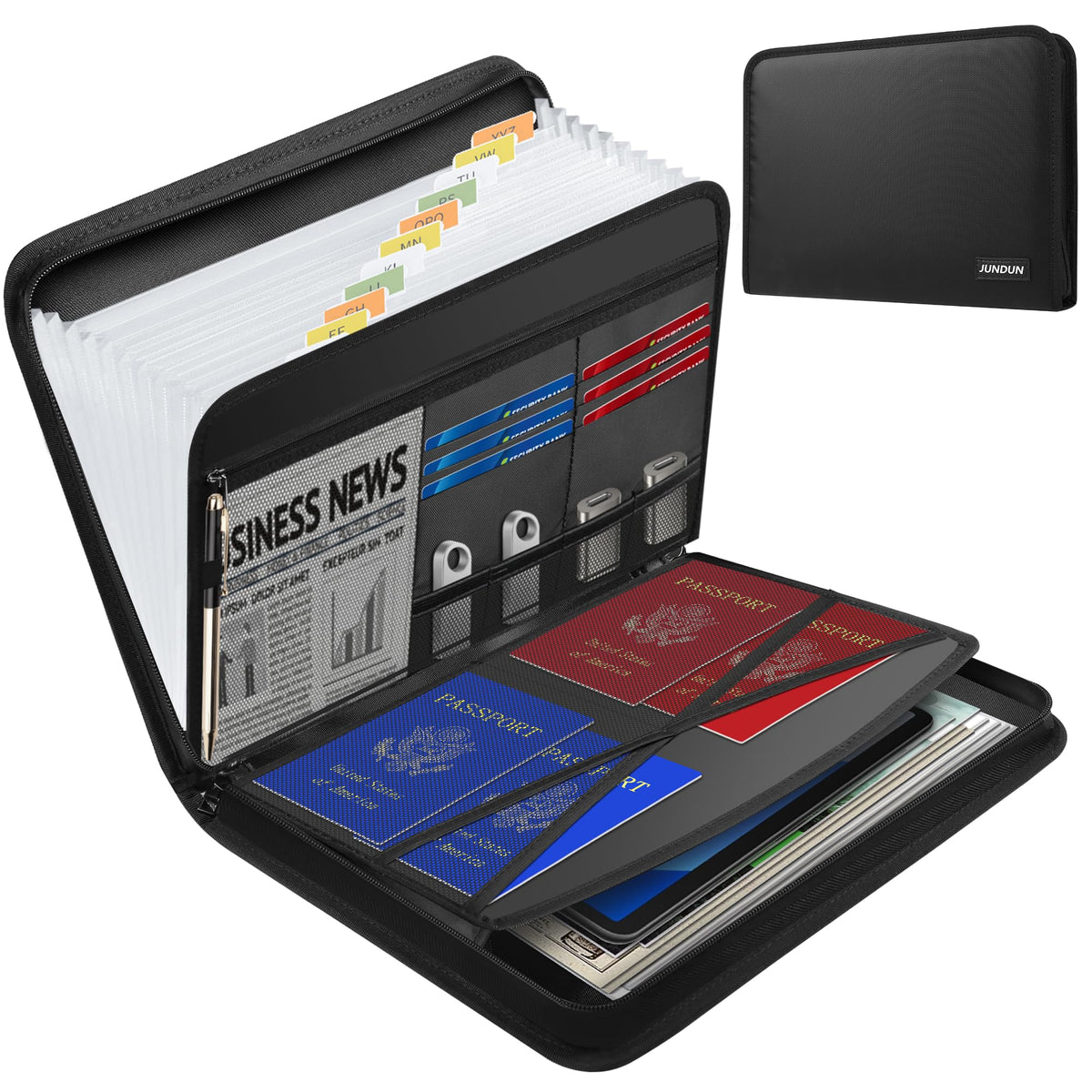 JUNDUN Accordion File Organizer - Fireproof Accordion Folder with Zipper & Labels - 13 Pocket Expanding File Folder with Multi-Pockets Document Organizer Folder for Letter A4 Files | Receipt and More