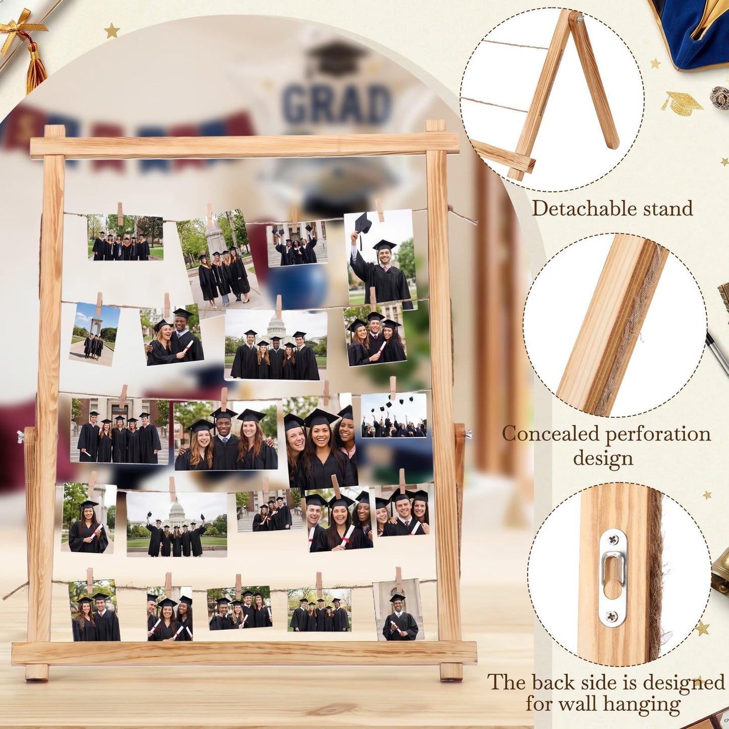 Cinnvoice 33x25 Inch Graduation Decorations Class of 2026 Freestanding Photo Display Board with 30 Clips Stable Tabletop Wooden Picture Frame Collage for Party Hanging Photos Postcards Greeting Cards