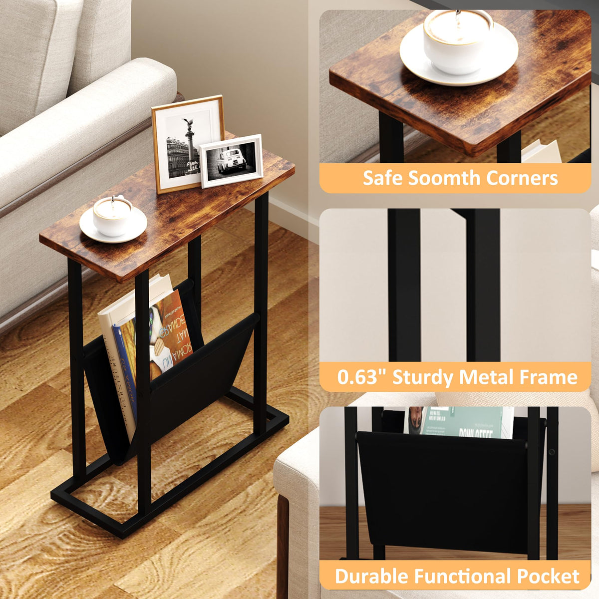 Yusong Narrow Side Table for Small Spaces, Small End Table with Magazine Holder, Skinny Slim Little Thin Table for Living Room, Bedroom, Sofa, Rustic Brown