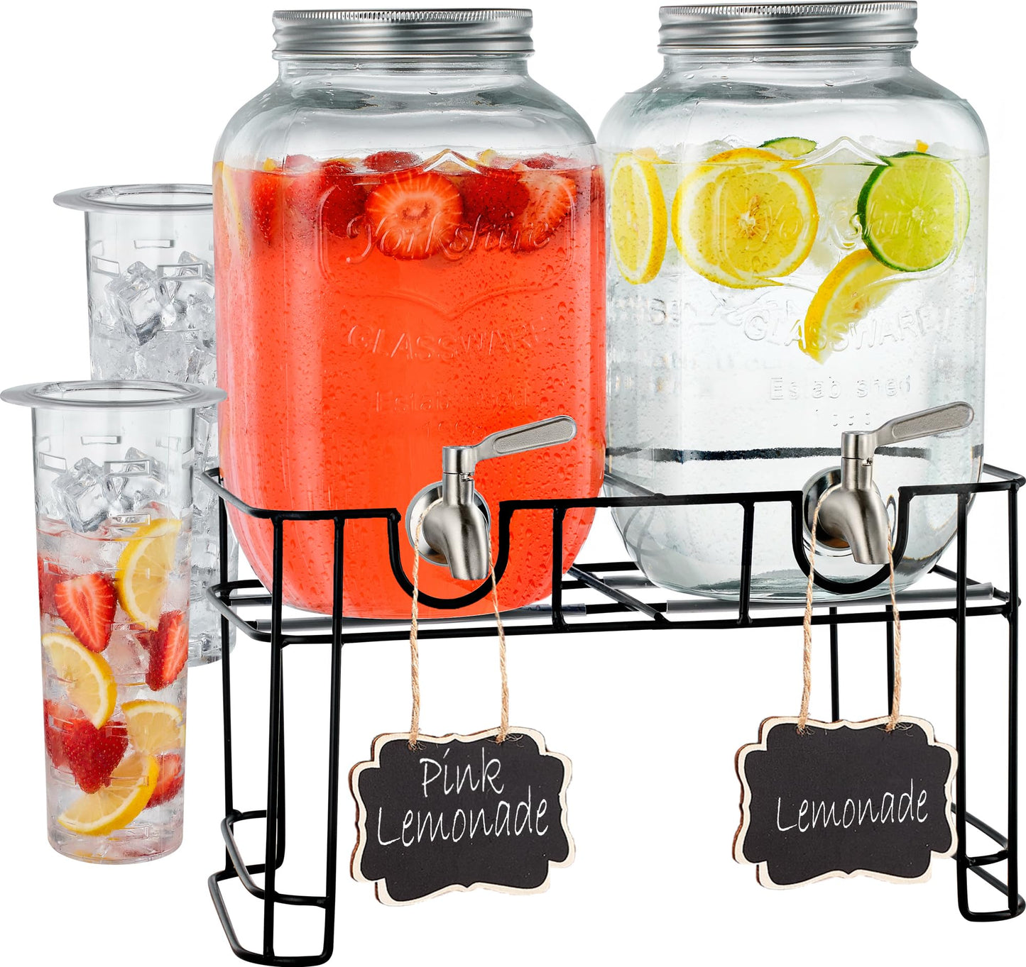 FineDine Glass Drink Dispenser with Stand & Stainless Steel Spigot – 1 Gallon drink dispensers for parties, glass beverage dispenser Set, punch bowl for Lemonade, Juice, Infused Water & More, 2 Pack