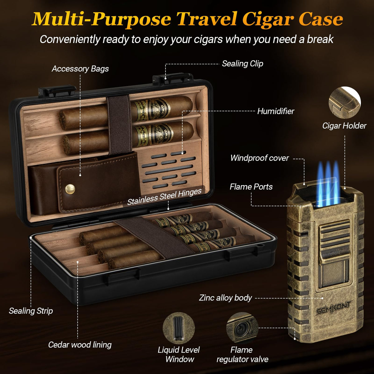 SEMKONT Travel Cigar Humidor, Portable Cedar Wood Lined Cigar Box, Waterproof Anti Pressure Sealed Cigar Storage Case, With Humidifier and Cigar Lighter Set, Can Holds 6 Cigars(Butane Not Included)