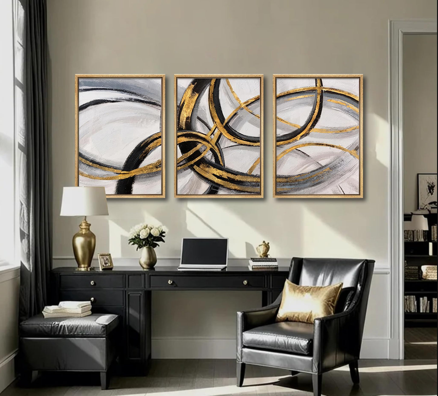 3Pcs Black and Gold Wall Art Modern Abstract Art Wall Decor Black Gold Line Painting Pictures Minimalist line Poster Prints for Living Room Bedroom Office Home Decoration 12x16inch Unframed